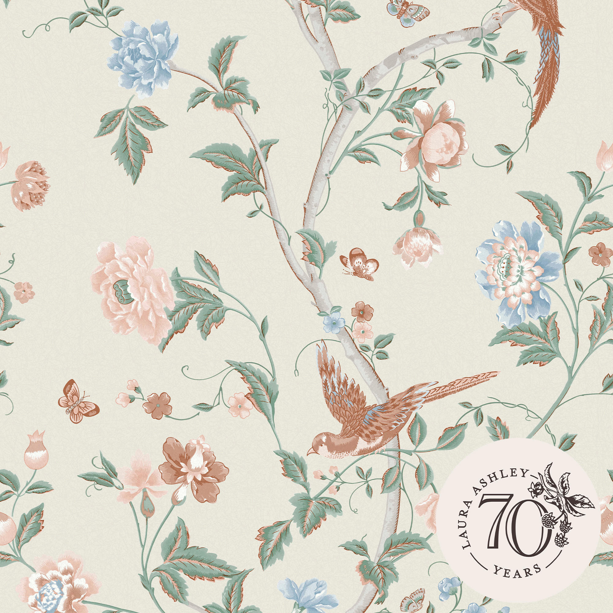 VLIESTAPETE Sommerpalast Salbei/Aprikose | Grün Orange | Blumen & Vögel | 10mx52cm - Orange/Grün, Papier/Kunststoff (52/1000cm) - LAURA ASHLEY
