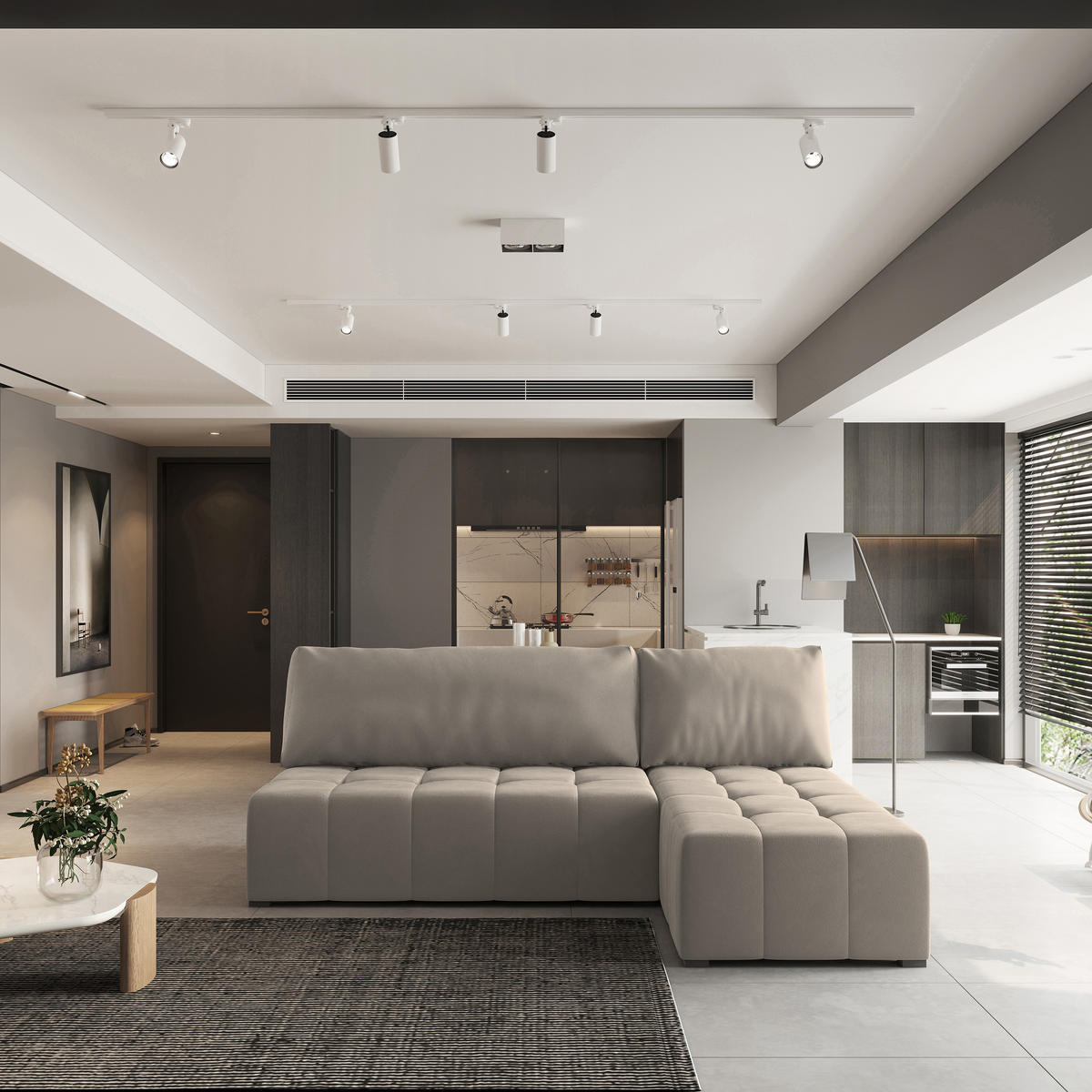 ECKSOFA DOMIRA Beige Plüsch-Stoff mit Schlaffunktion - Beige, Holz (200/141cm) - MASSENO