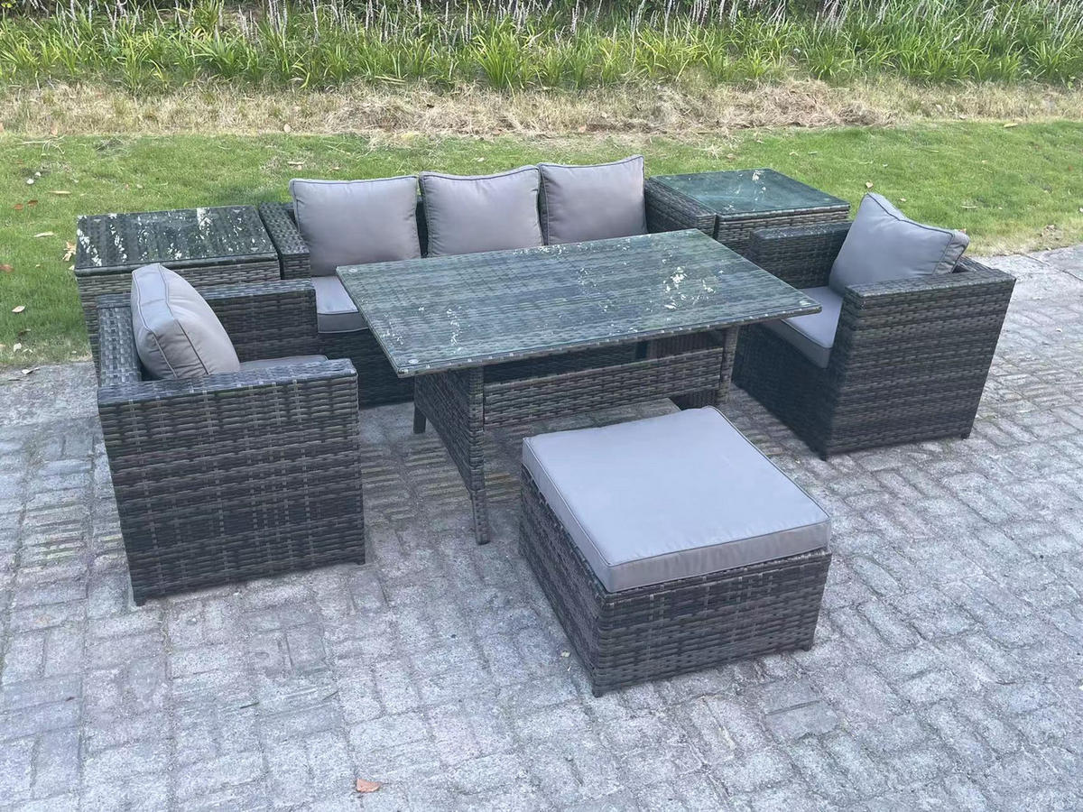 LOUNGEGARNITUR mit Stuhl Polyrattan Dunkelgrau 6-Sitzer - Dunkelgrau/Grau, Glas/Kunststoff - Fimous