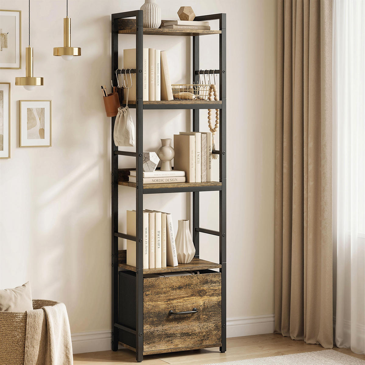 REGAL DE-15566 4 Ebenen + 1 Schublade + 8 Haken Rustikalbraun - Braun, Holzwerkstoff (39/136.5/26cm) - ComfortXL