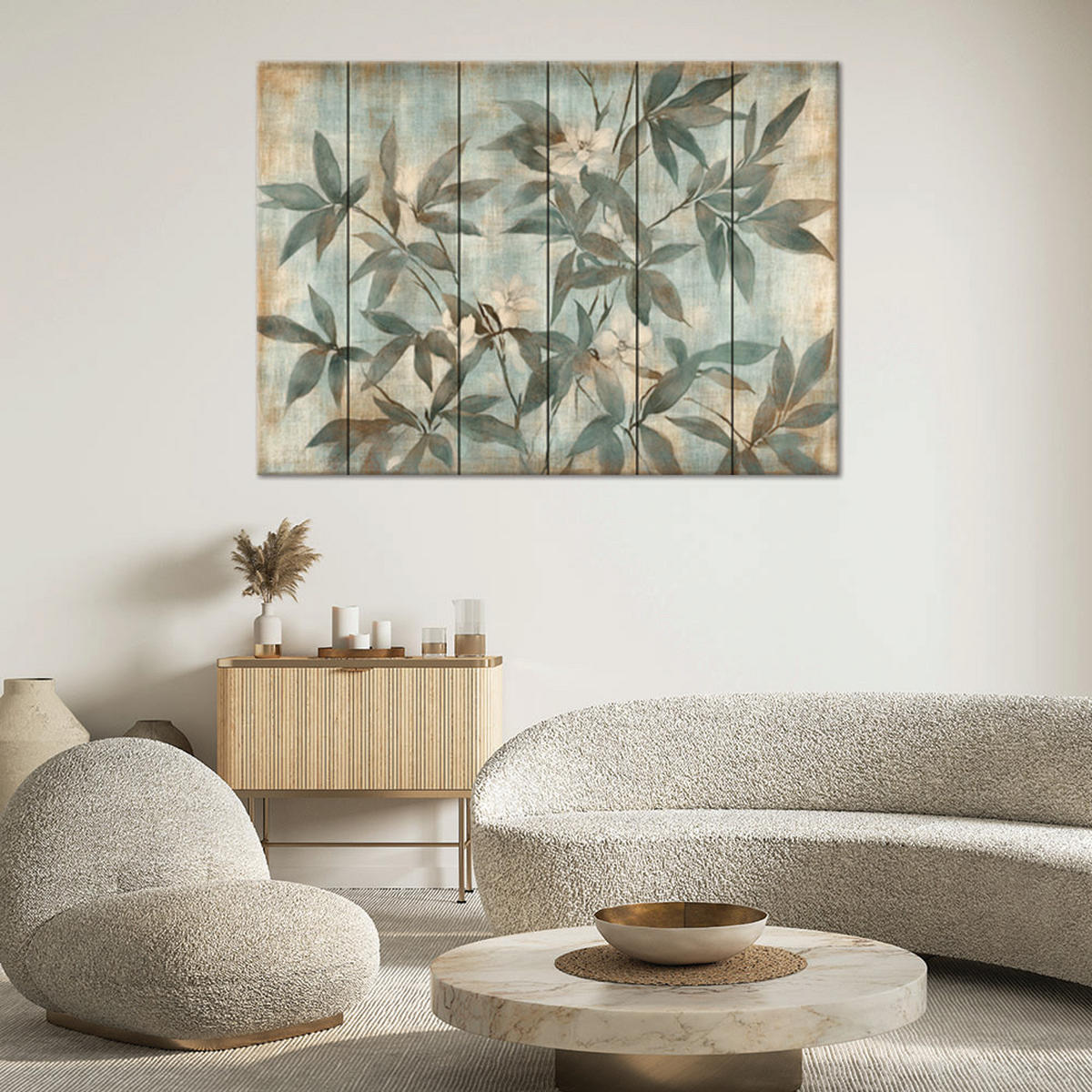 WANDBILD blätter und stängel auf pastellfarbenem hintergrund - Blau, Textil (60/40cm) - Feeby