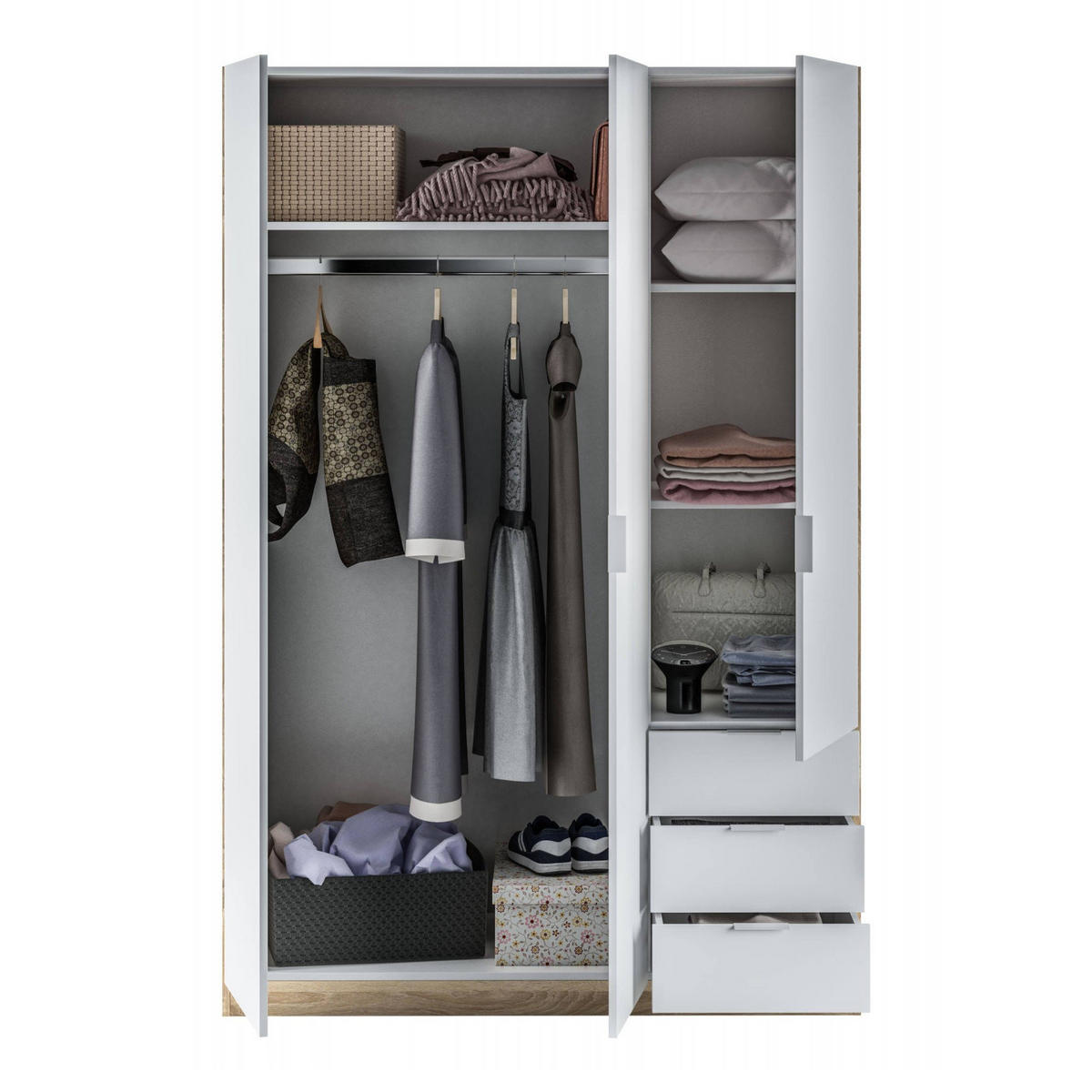 KLEIDERSCHRANK 3 TÜREN Weiß, Eiche 52/121/180 cm - Weiß, Holzwerkstoff (121/180/52cm) - DMORA