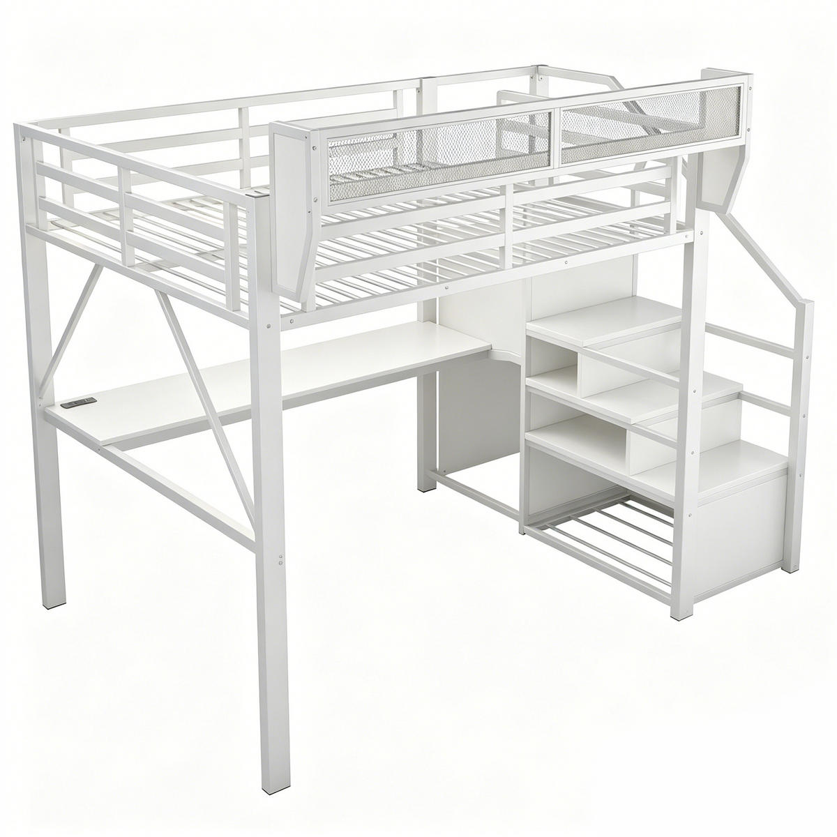HOCHBETT 140/200 cm DE-32583 mit Schreibtisch, LED und Stauraum Weiß - Weiß, Metall (140/200cm) - ComfortXL