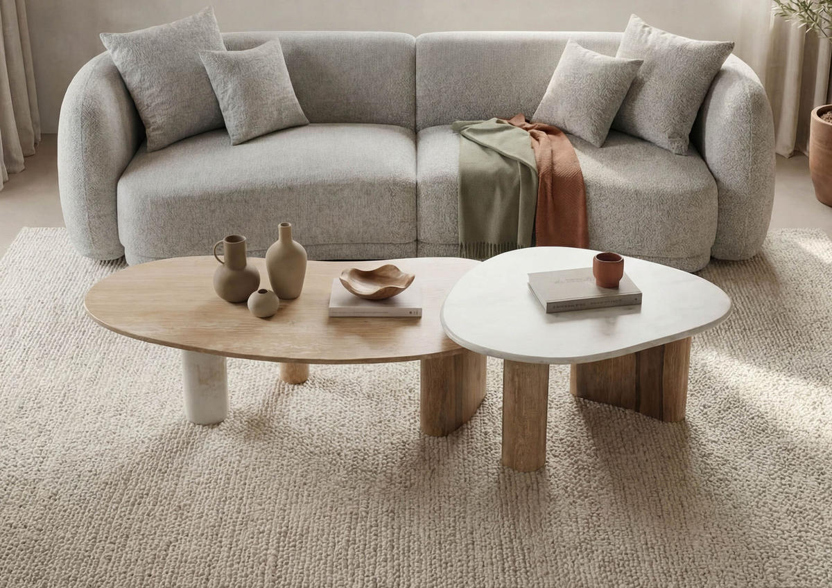 COUCHTISCH Sheesham 2er-Set natur sandgestrahlt lackiert / Marmor weiß ORGANIC COLLECTION #33 - Braun, Holzwerkstoff (65/120/35cm) - Massivmoebel24