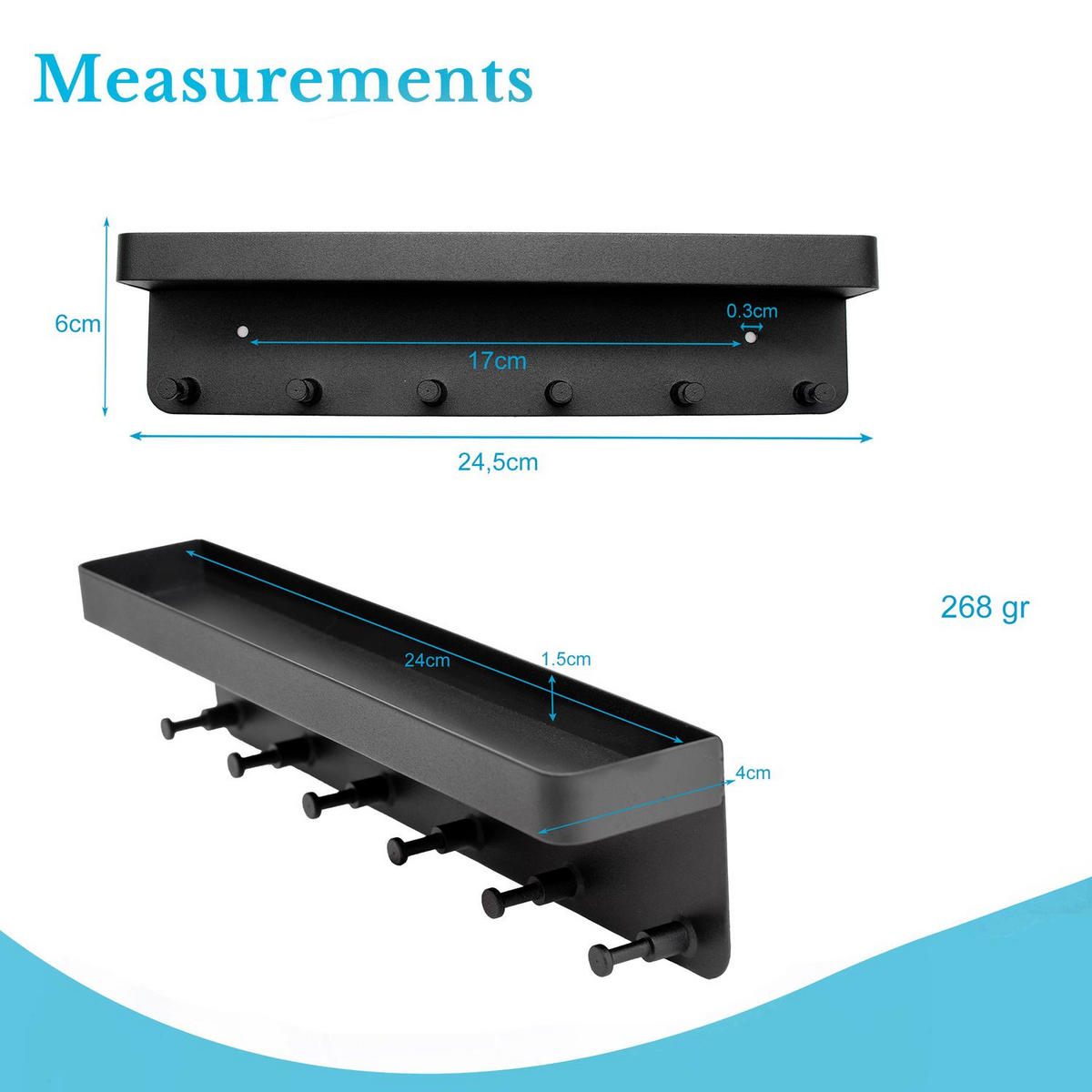 SCHLÜSSELBRETT mit Ablage Selbstklebend 24.5/6 cm - Schwarz, Kunststoff (6/4.7/24.5cm) - Intirilife