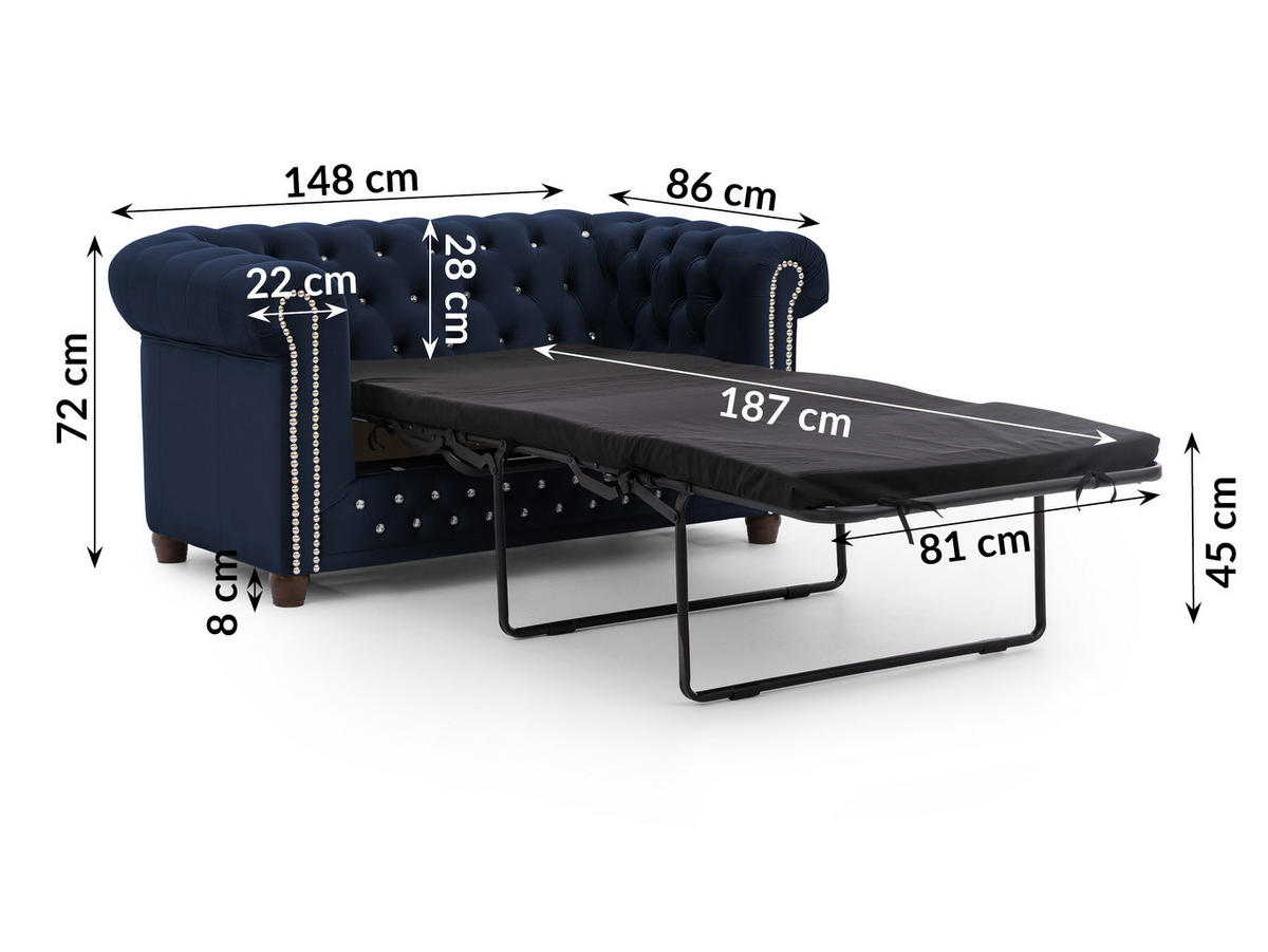 CHESTERFIELD-SOFA 2-Sitzer mit Schlaffunktion Cleo Blink Marineblau Samt mit Kristallsteppung und braunen Massivholzfüßen - Blau/Braun, Holz/Textil (148/72/86cm) - S-Style Möbel