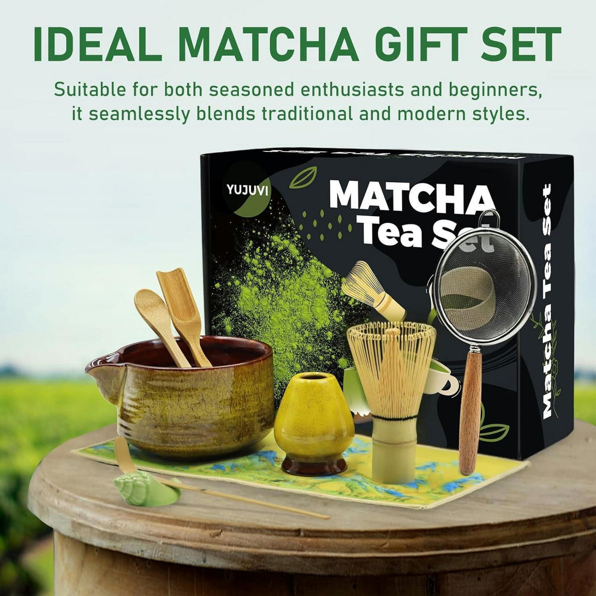 MATCHA Tee Set 9-teiliges Set mit Schale und Besen - Grün, Keramik (14/7/18.5cm)