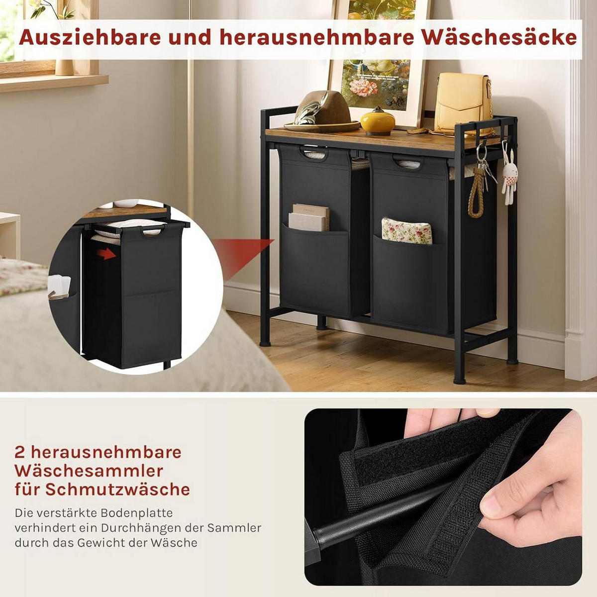 WÄSCHEKORB 2 Fächer, jedes 40 L, Schwarz+Vintagebraun - Dunkelbraun/Schwarz, Holzwerkstoff/Textil (70/71/30cm) - Woltu