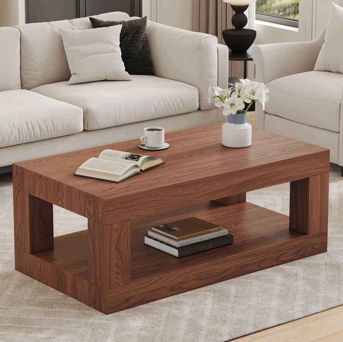 COUCHTISCH 93/53/46 cm mit 2 Ebenen, offenem Ablagefach und bodenschonenden Filzgleitern, Walnussfarben - Walnussfarben, Holzwerkstoff (93/53/46cm) - Redom