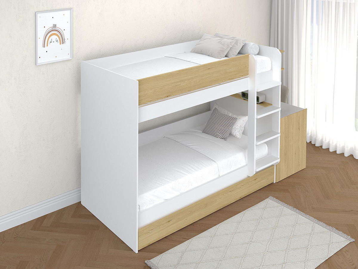 ETAGENBETT mit zusätzlichem Ausziehbett & 2 Schreibtischen - 3 x 90 x 190 cm - Weiß & Holzfarben - DOMATI - Naturfarben, Holz (100.4/196cm) - Vente-Unique