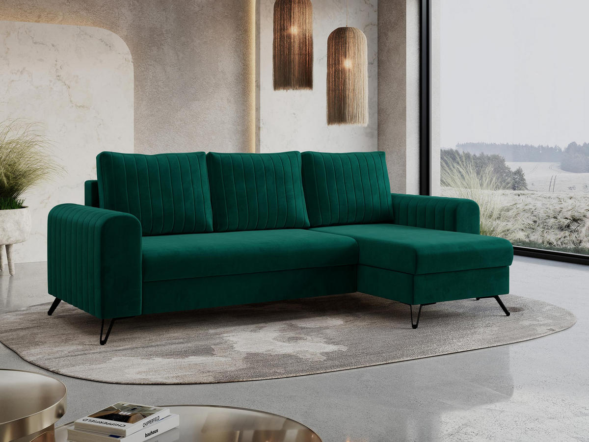 ECKSOFA Axel Velvet Dunkelgrün - Dunkelgrün/Schwarz, Textil/Metall (242/140cm) - MKS