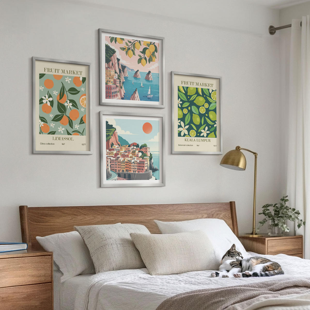 BILDER SET 4er Set - 50x50 cm & 40x60 cm Silberner Rahmen - Vintage-Poster mit Fruchtmustern - Silberfarben, Kunststoff (50/50cm) - TULUP