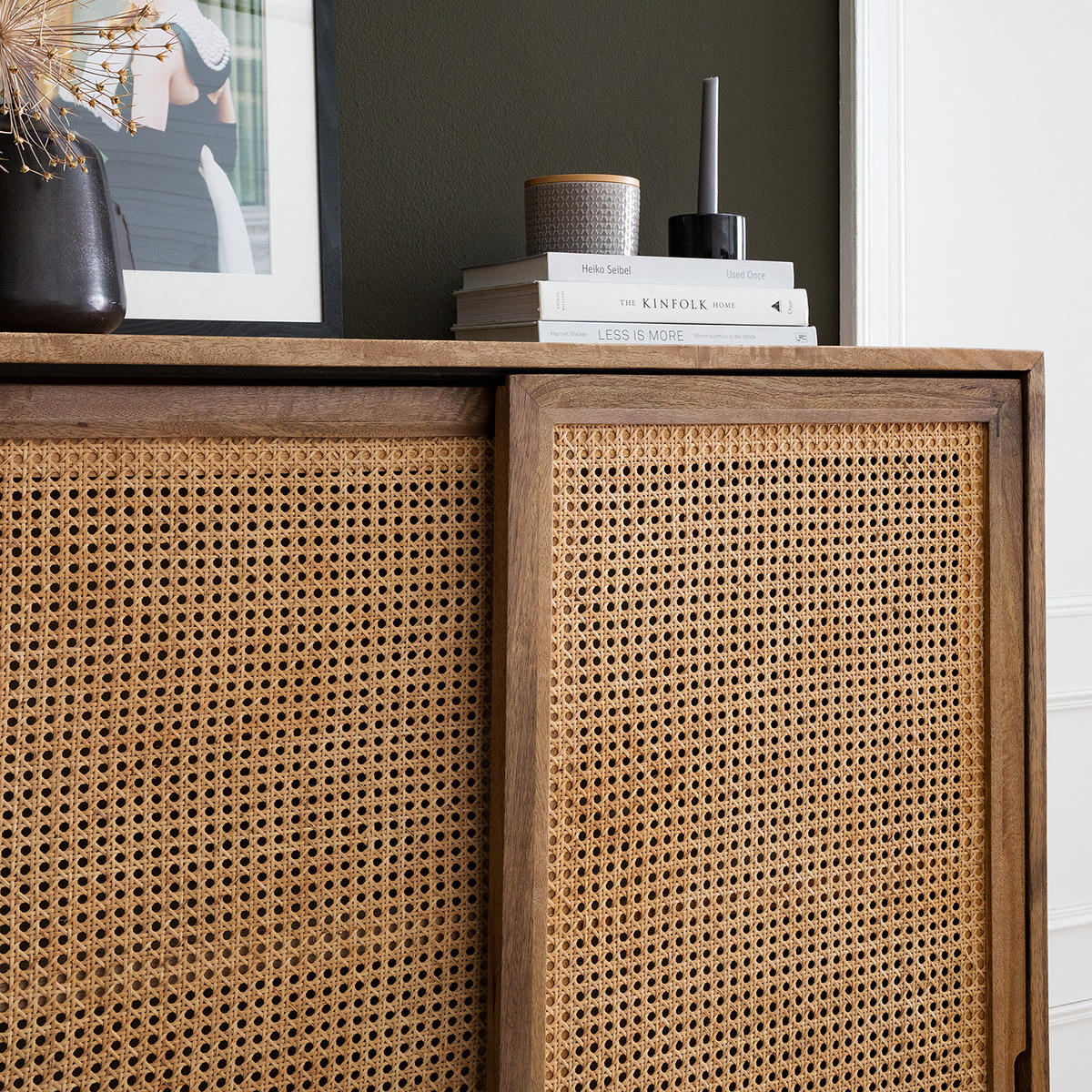 HIGHBOARD - Mango massiv / Wiener Geflecht - Beige/Schwarz, Naturmaterialen/Metall (100/150/43cm) - home24