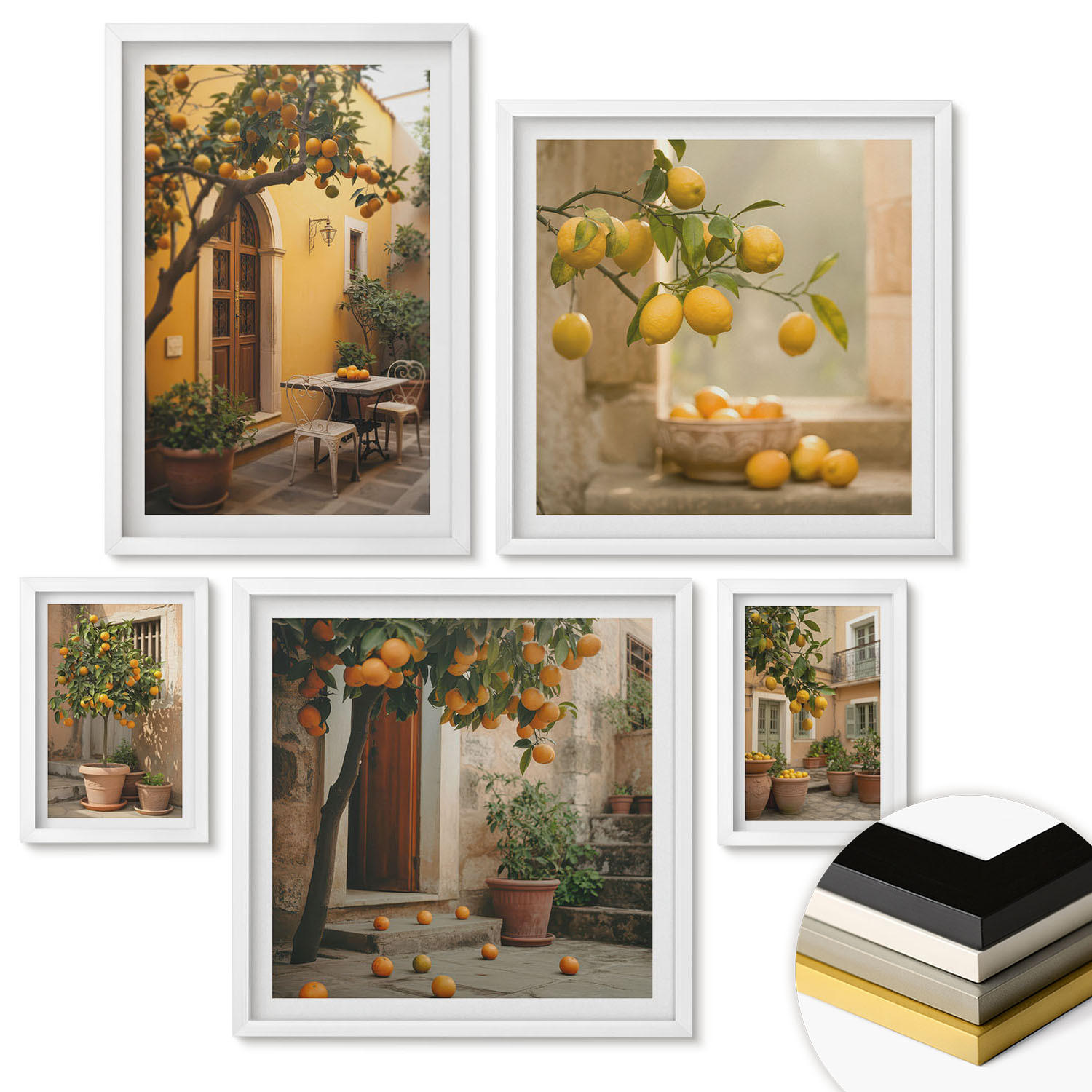 WANDBILDER 5er-Set - 50x50 cm & 20x30 cm & 40x60 cm Weißer Rahmen - Terrasse mit Zitrusbäumen - Weiß, Kunststoff (40/60cm) - ArtPrintCave