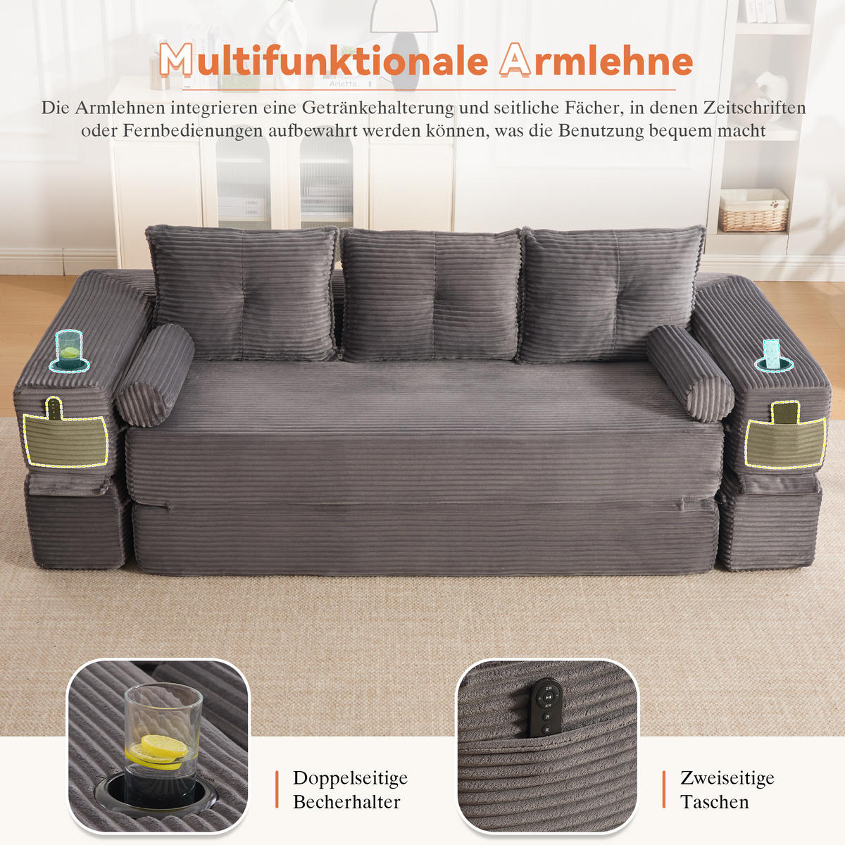 SCHLAFSOFA, 2-in-1 Klappsofa mit Getränkehalter, Modulares Bodensofa Cordstoff, Dunkelgrau - Dunkelgrau, Textil (232/80/98cm) - LVHOM
