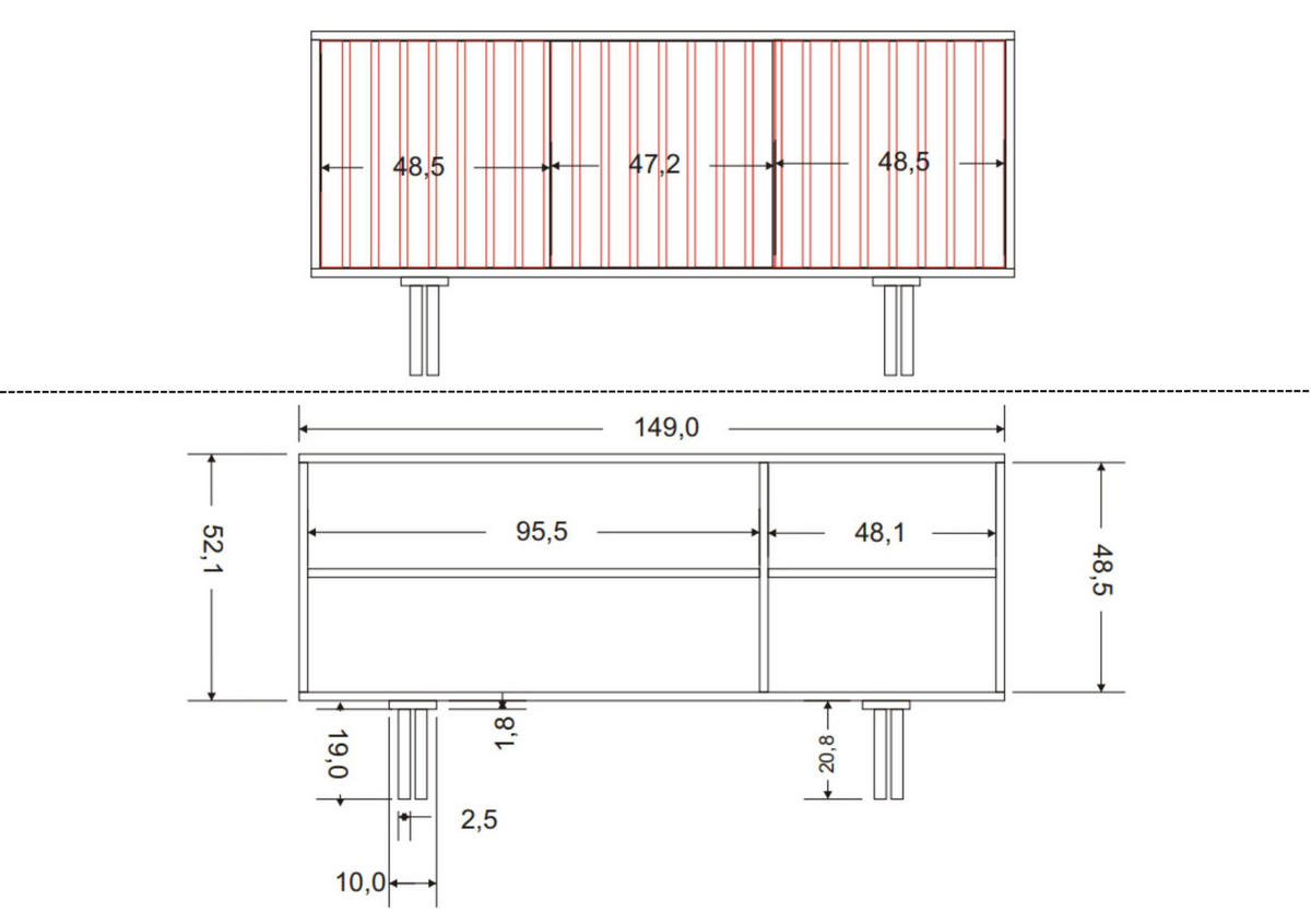 SIDEBOARD Vigge, Weiß, Push-To-Open System , Lamellen Effekt - Weiß, Holzwerkstoff/Buchenholz (149/73/40cm) - Skandica