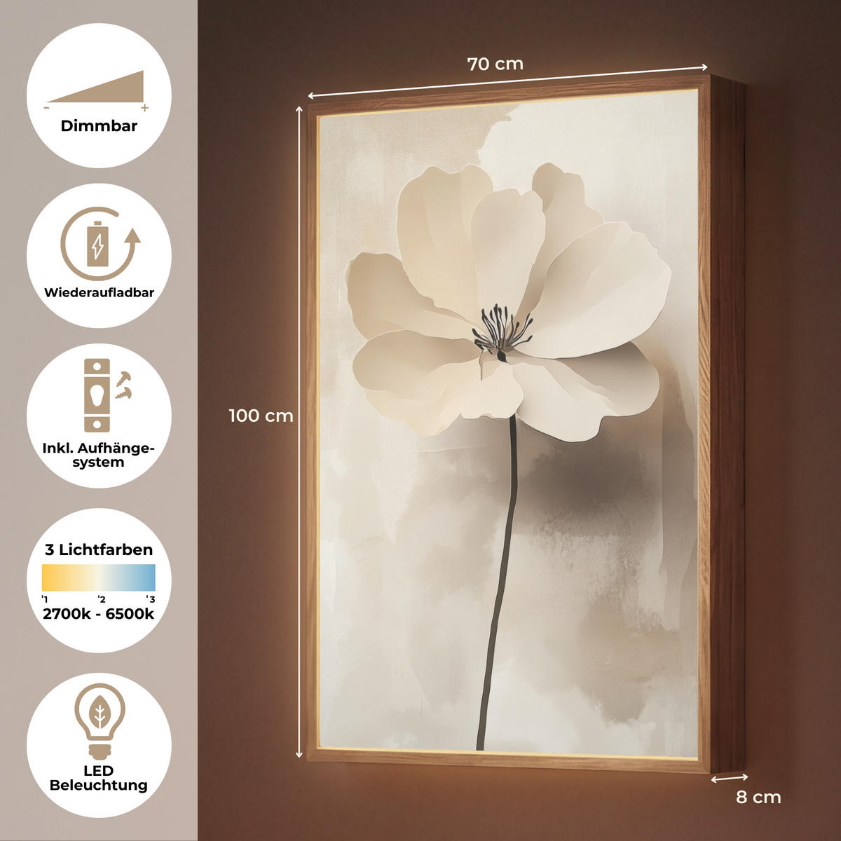 NÁSTĚNNÁ LAMPA S AKUMULÁTOREM Květina - béžová - barva - stín 70x100 cm - béžová, kompozitní dřevo (70/100/8cm) - OnlyWow