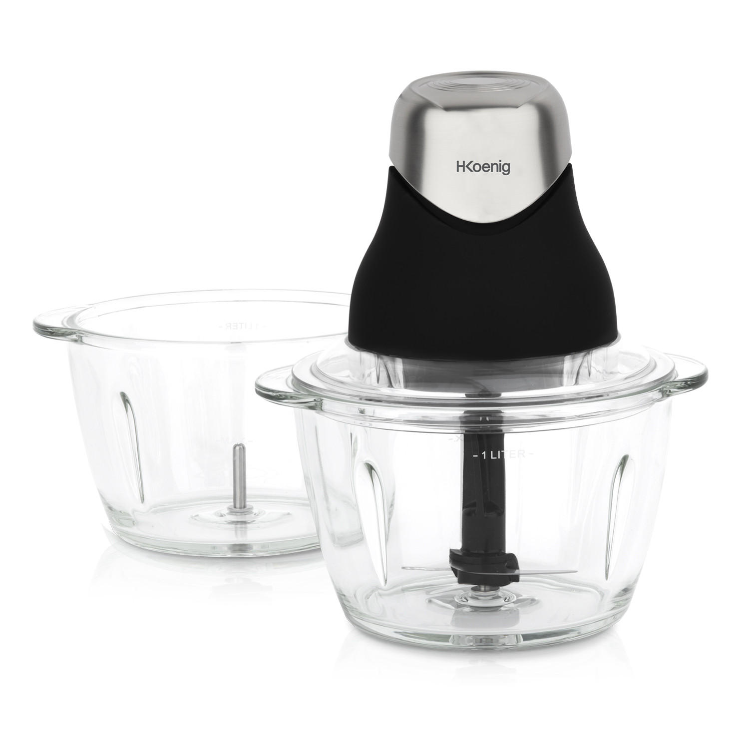 MULTIZERKLEINERER LEO9 Schwarz und Silber, elektronisch, Edelstahlklingen, 1x Glasschale, einfache Handhabung, Deckel für Frischehaltung - Schwarz, Metall (18.5/21.8/16cm) - HKoenig