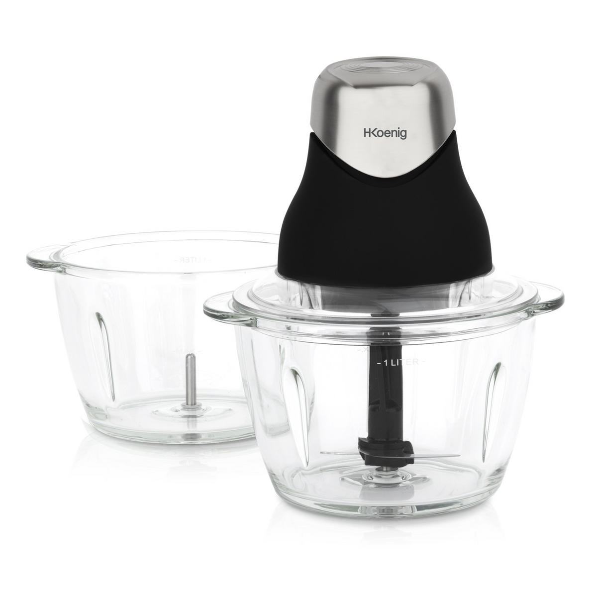 MULTIZERKLEINERER LEO9 Schwarz und Silber, elektronisch, Edelstahlklingen, 1x Glasschale, einfache Handhabung, Deckel für Frischehaltung - Schwarz, Metall (18.5/21.8/16cm) - HKoenig