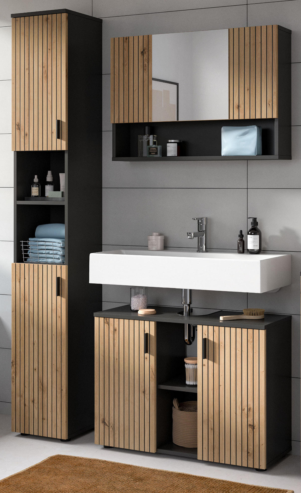 HOCHSCHRANK Eiche Artisan, grau 30 x 192 cm, Badschrank mit 6 Fächern - Schwarz/Eiche Artisan, Holzwerkstoff/Kunststoff (30/192/30cm) - Inn.Furn