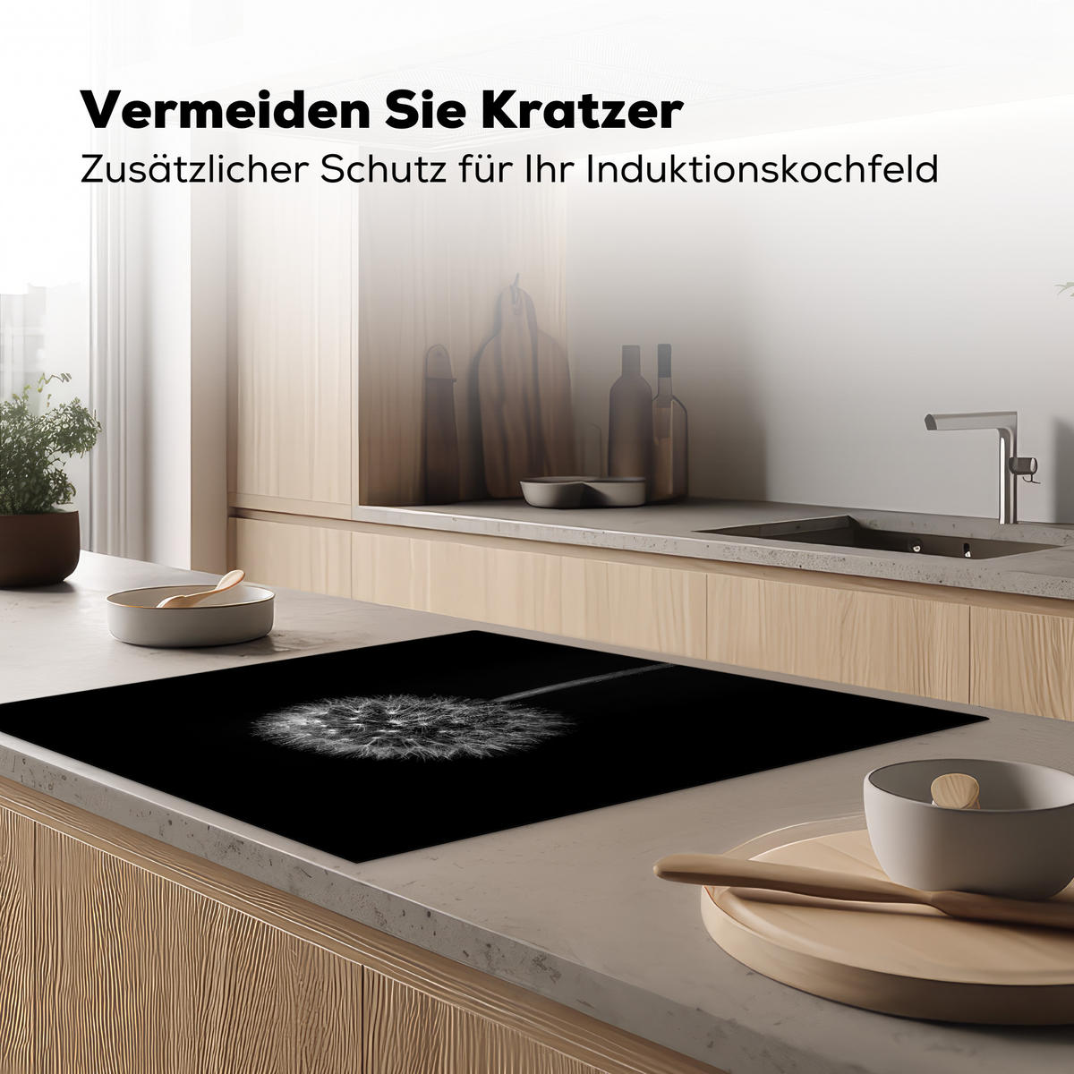 HERDABDECKPLATTE Löwenzahn - Schwarz - Floral - Botanisch 78x78 cm - Grau, Kunststoff (78/0.2/78cm) - MuchoWow