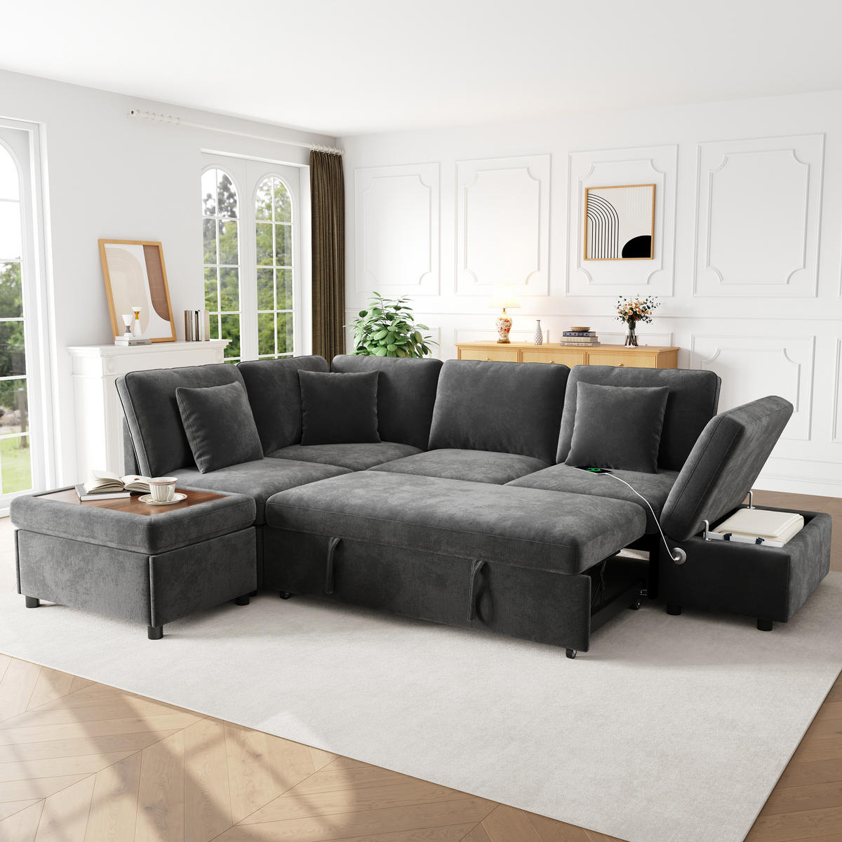 ECKSOFA mit Schlaffunktion Stauraumhocker USB/Type-C Chenille Grau - Grau, Textil (247.5/172cm) - EVRYAE