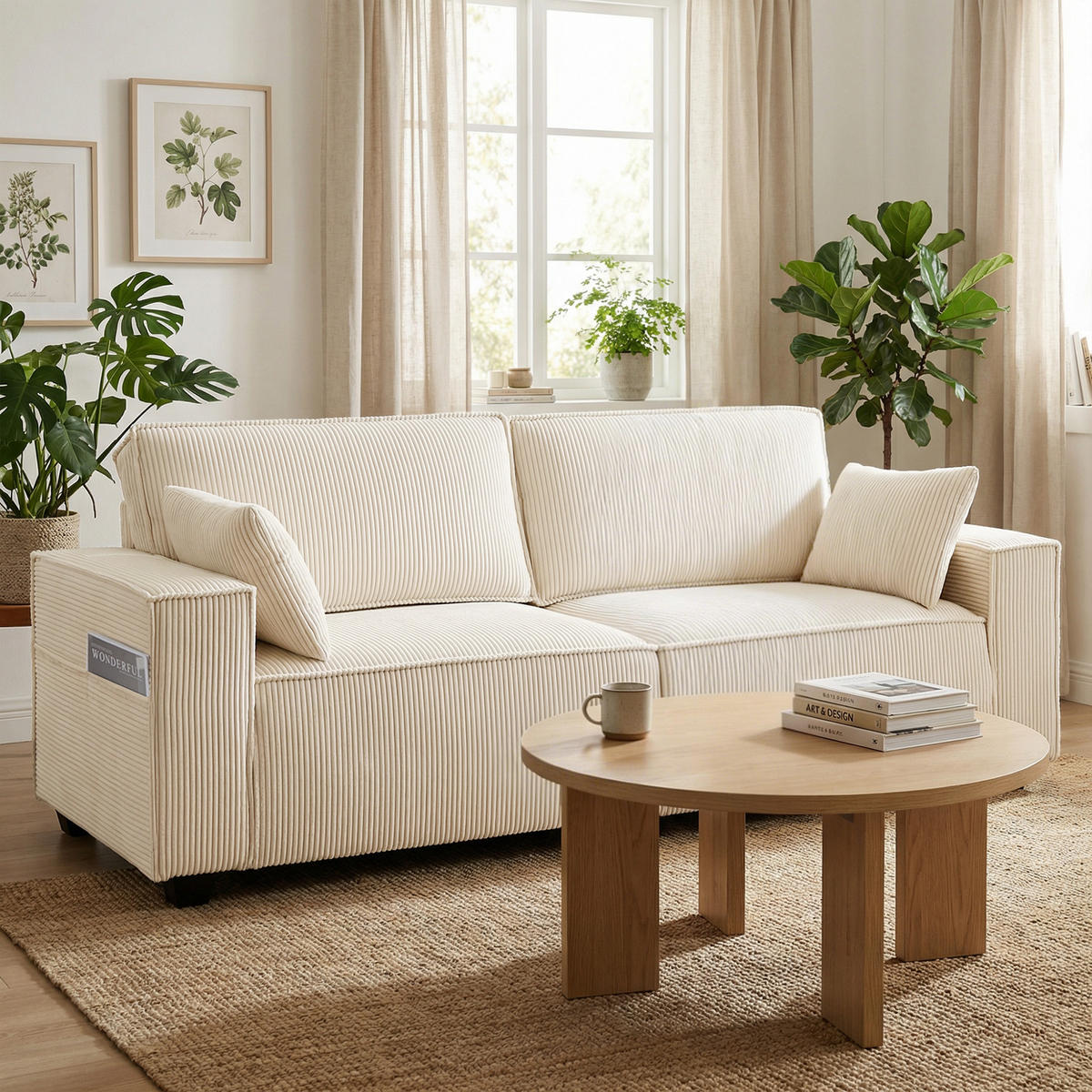 SOFA, 3-Sitzer, Cord, 218cm, Federkernkissen, beige - Multicolor, Holzwerkstoff (218/91/79cm) - FORIOUS