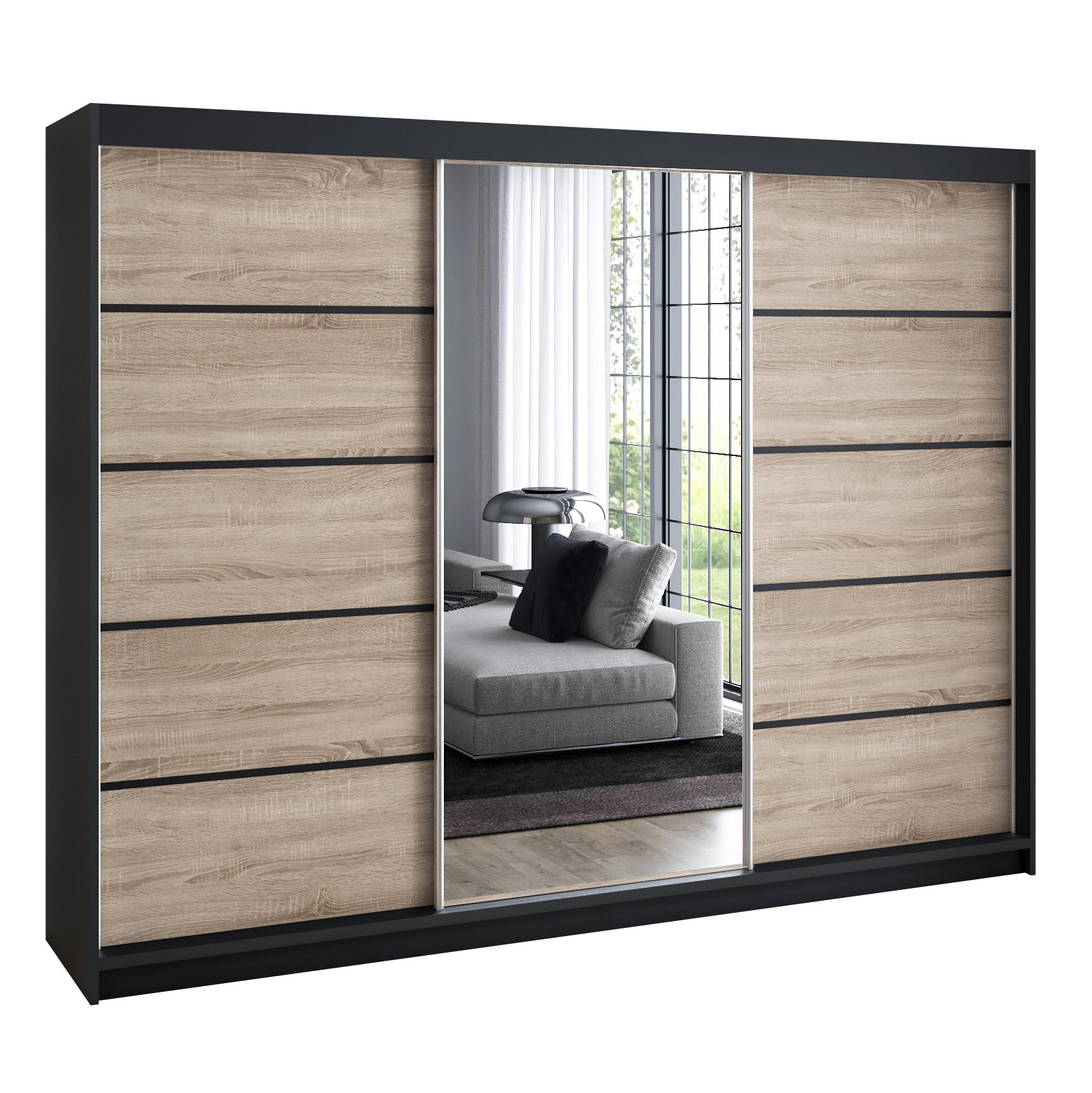 A&J MöbelLand SCHWEBETÜRENSCHRANK Schwarz, Braun 200cm × 60cm × 215cm