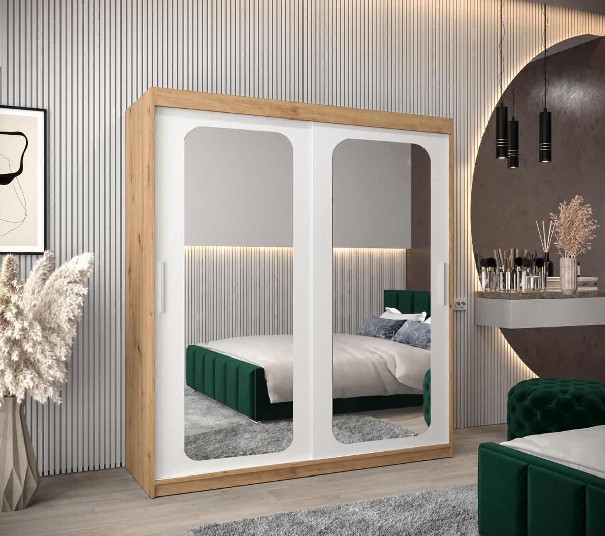 SCHWEBETÜRENSCHRANK 200/180/62 2-türig - Silberfarben/Weiß, Holz/Kunststoff (180/200/62cm) - Abiks Möbel
