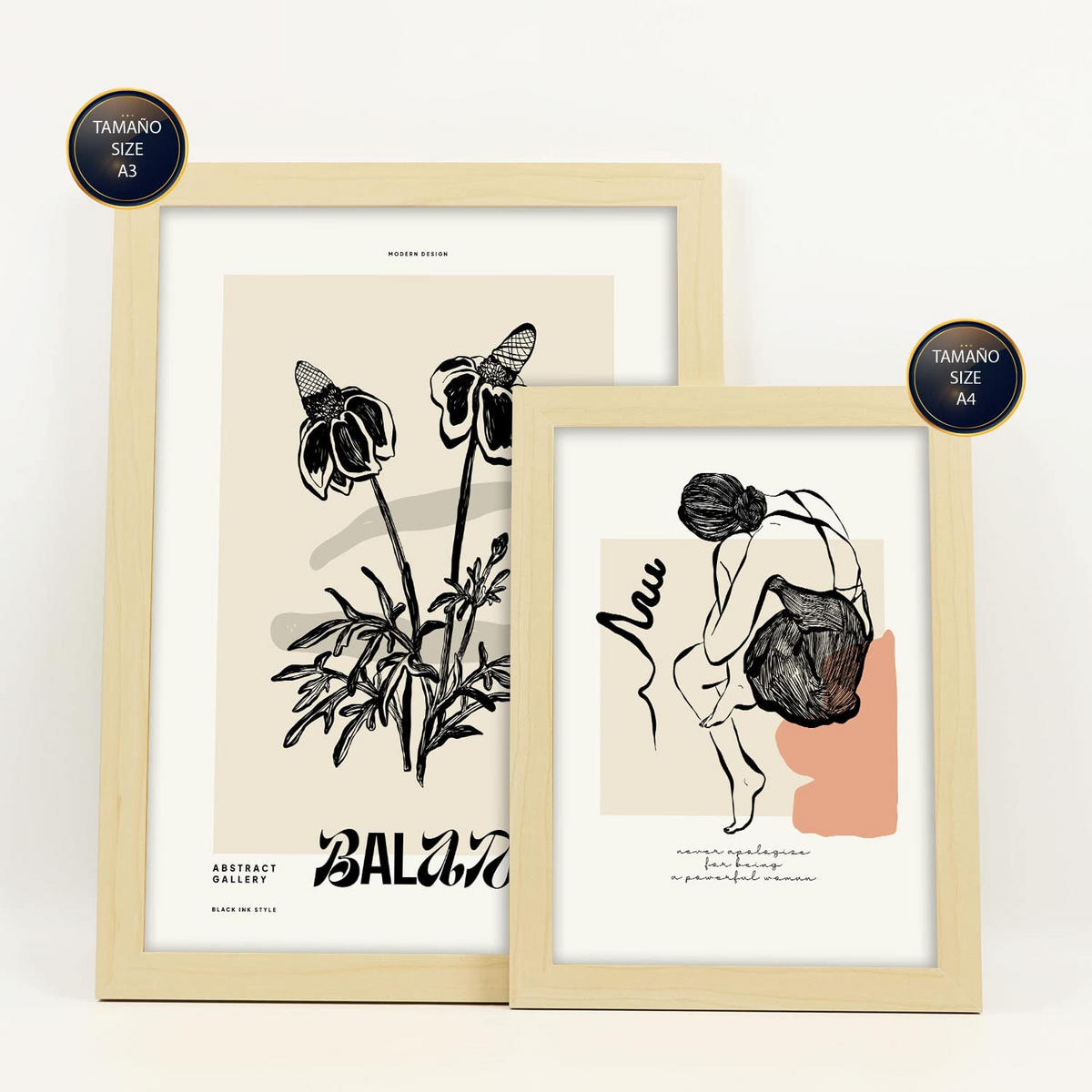 POSTER Set Mit 6 Schwarze Tintengefühle Größe A3 & A4 Rahmen aus hellem Holz - Beige, Papier (29.7/1cm) - Nacnic
