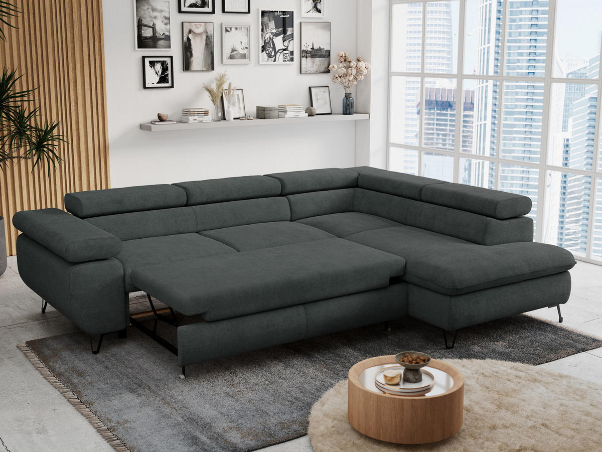 ECKSOFA PETER L Dunkelgrau Struktur - Rechts Seite - Dunkelgrau/Schwarz, Textil/Metall (273/208cm) - MKS