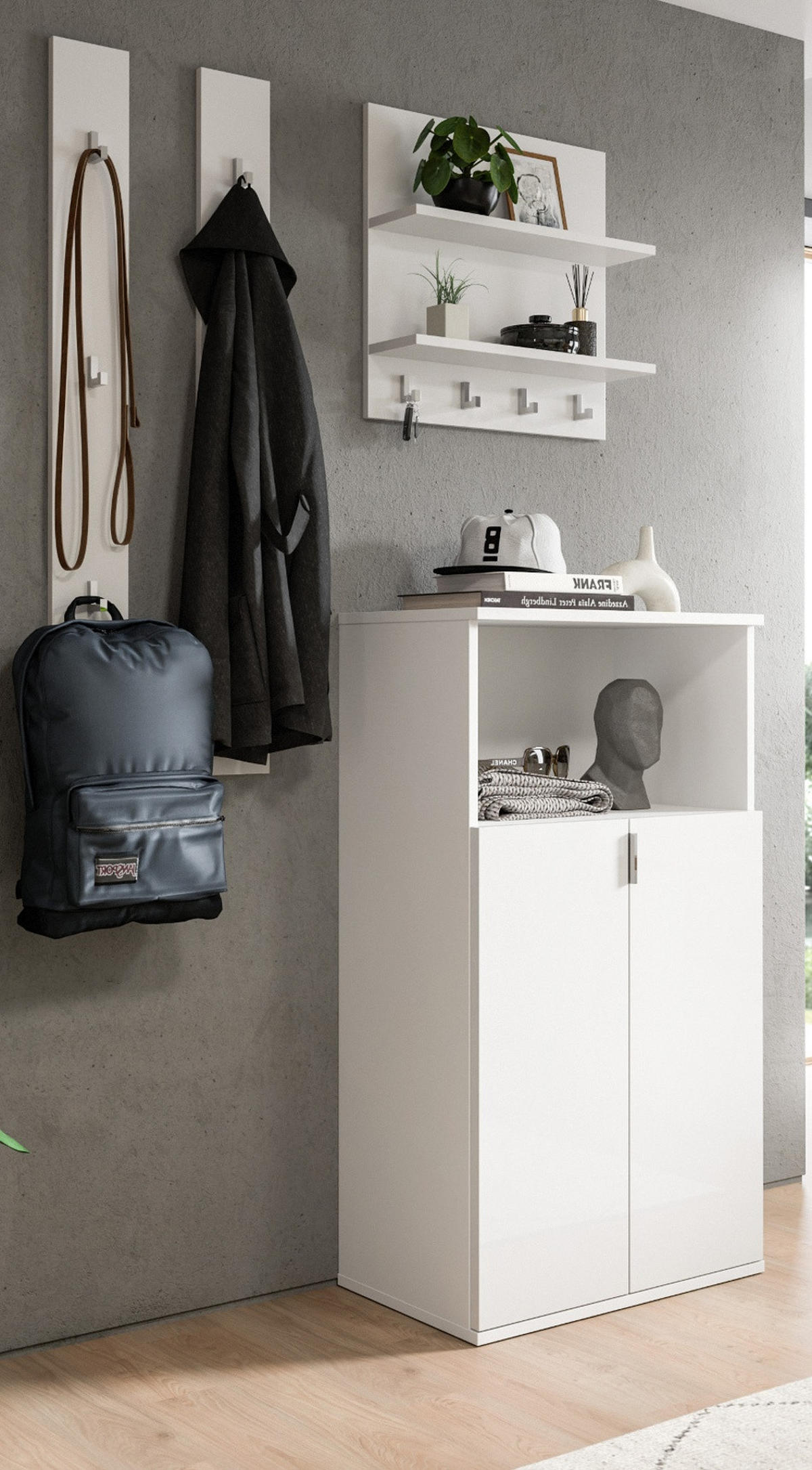 GARDEROBE Set 4-teilig weiß Hochglanz 117 cm, moderne Flurgarderobe - Chromfarben/Weiß Hochglanz, Glas/Holzwerkstoff (117/193/37cm) - Inn.Furn