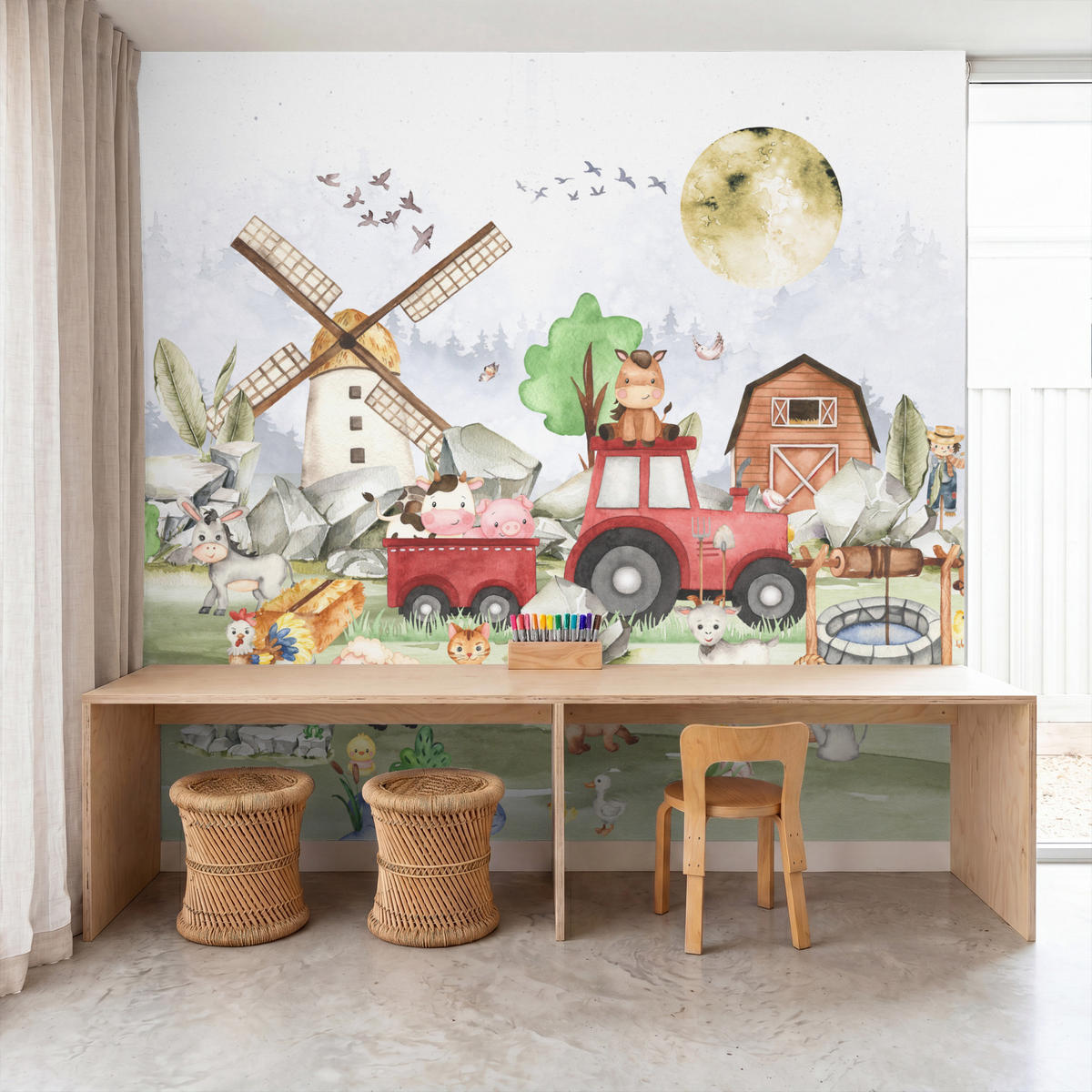 KINDERTAPETE - Bauernhof - Traktor - Kinder - Tiere - 240x240 cm - Weiß, Papier (240/240cm) - OnlyWow