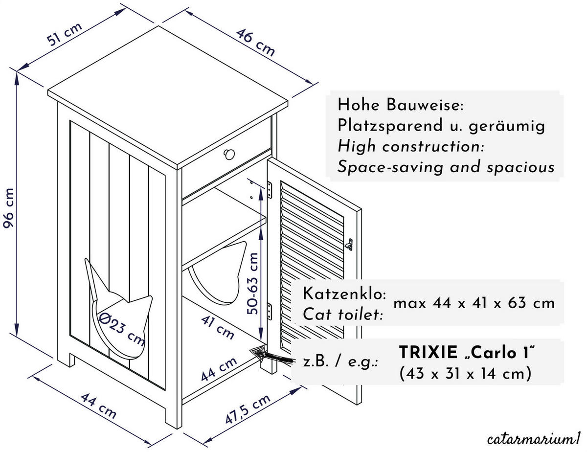KATZENSCHRANK für Katzentoilette groß aus Holz, mit Schublade - Weiß, Holz (51/96/46cm) - WONDERMAKE
