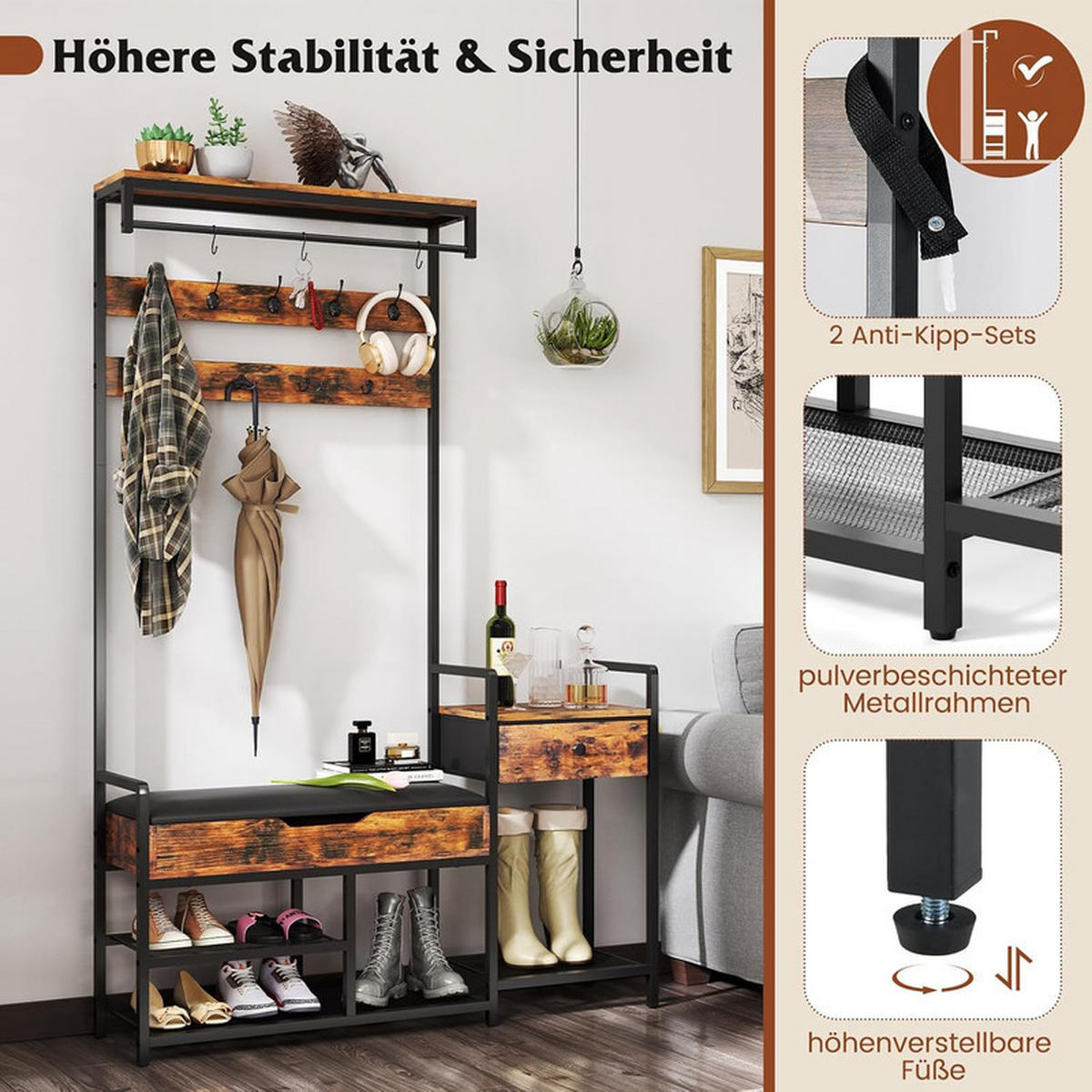 GARDEROBENSTÄNDER mit Schuhbank Rustikales braun - Braun, Holzwerkstoff (120/178/30cm) - COSTWAY