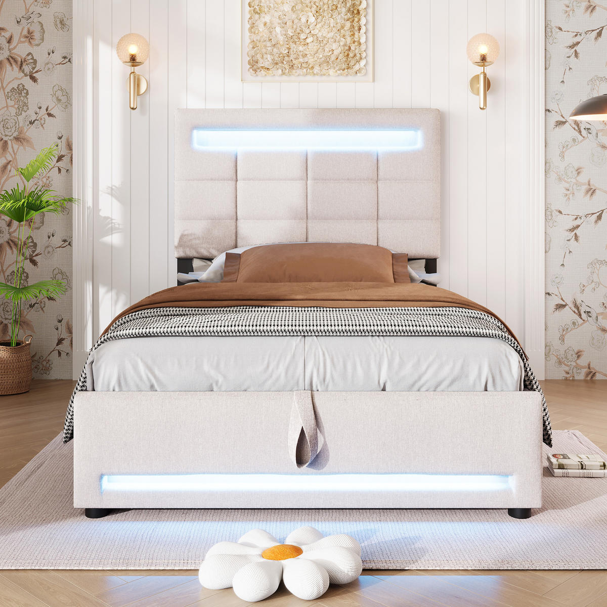 POLSTERBETT 90/200 cm Beige mit LED-Beleuchtung und hydraulischer Lagerung - Beige, Textil (90/200cm) - OKWISH