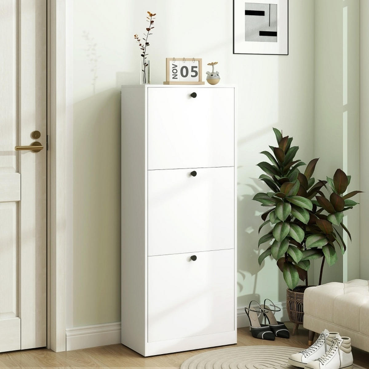 SCHUHSCHRANK 47/26/120 cm mit 3 Klappen und verstellbaren Einlegeböden, platzsparend, Weiß - Weiß, Holz (47/120/26cm) - Redom