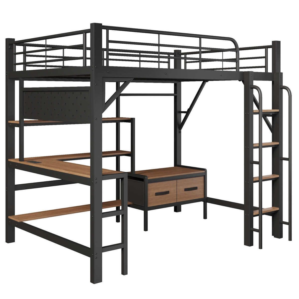 HOCHBETT 140x200cm, Eisen, Lochwand, Regale, Schubladen, Schreibtisch, USB, LED, Geländer, ohne Matratze, Schwarz - Schwarz, Holzwerkstoff (140/200cm)