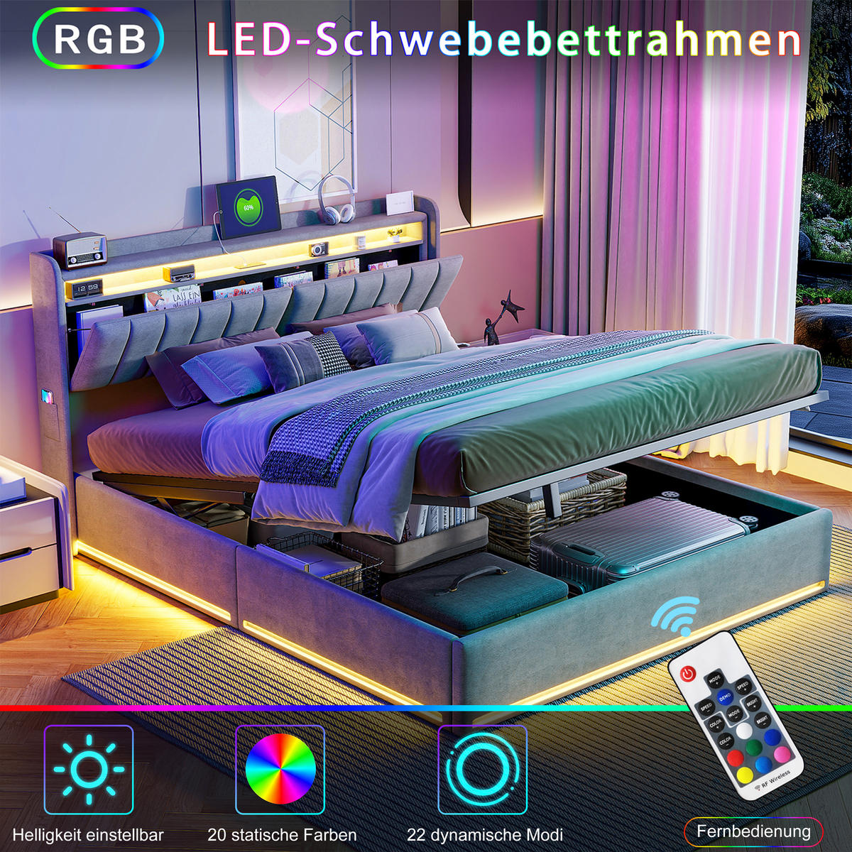 POLSTERBETT 140x200 cm Doppelbett, verstellbare LED-Leuchten, USB- & Typ-C-Schnittstellen, Samtstoff in Grau - Grau, Holz (140/200cm) - BRILVERDE