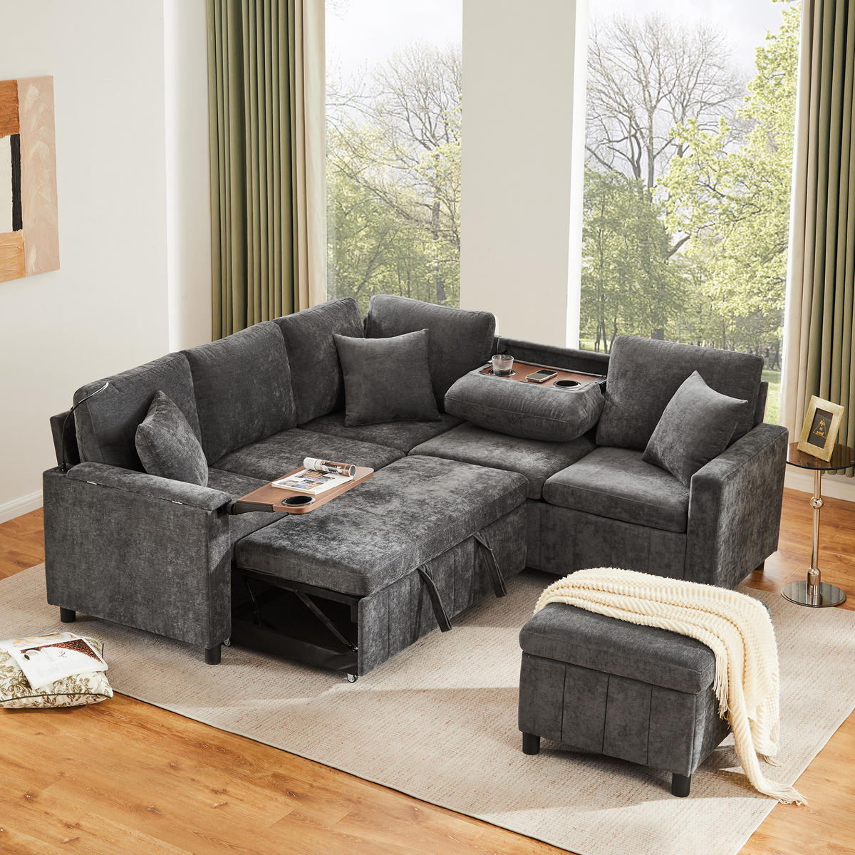 SOFA Grau Ecksofa Chenille Schlaffunktion USB Couchtisch 205cm - Grau, Textil (205/85/205cm) - FLIEKS