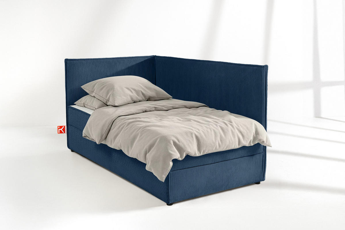 JUGENDBETT ROTI Einzelbett mit Bettkasten, 90x200cm, Bett mit Bonellmatratze, mit Rückenlehne - Schwarz/Dunkelblau, Holz/Holzwerkstoff (92/200cm) - KONSIMO®