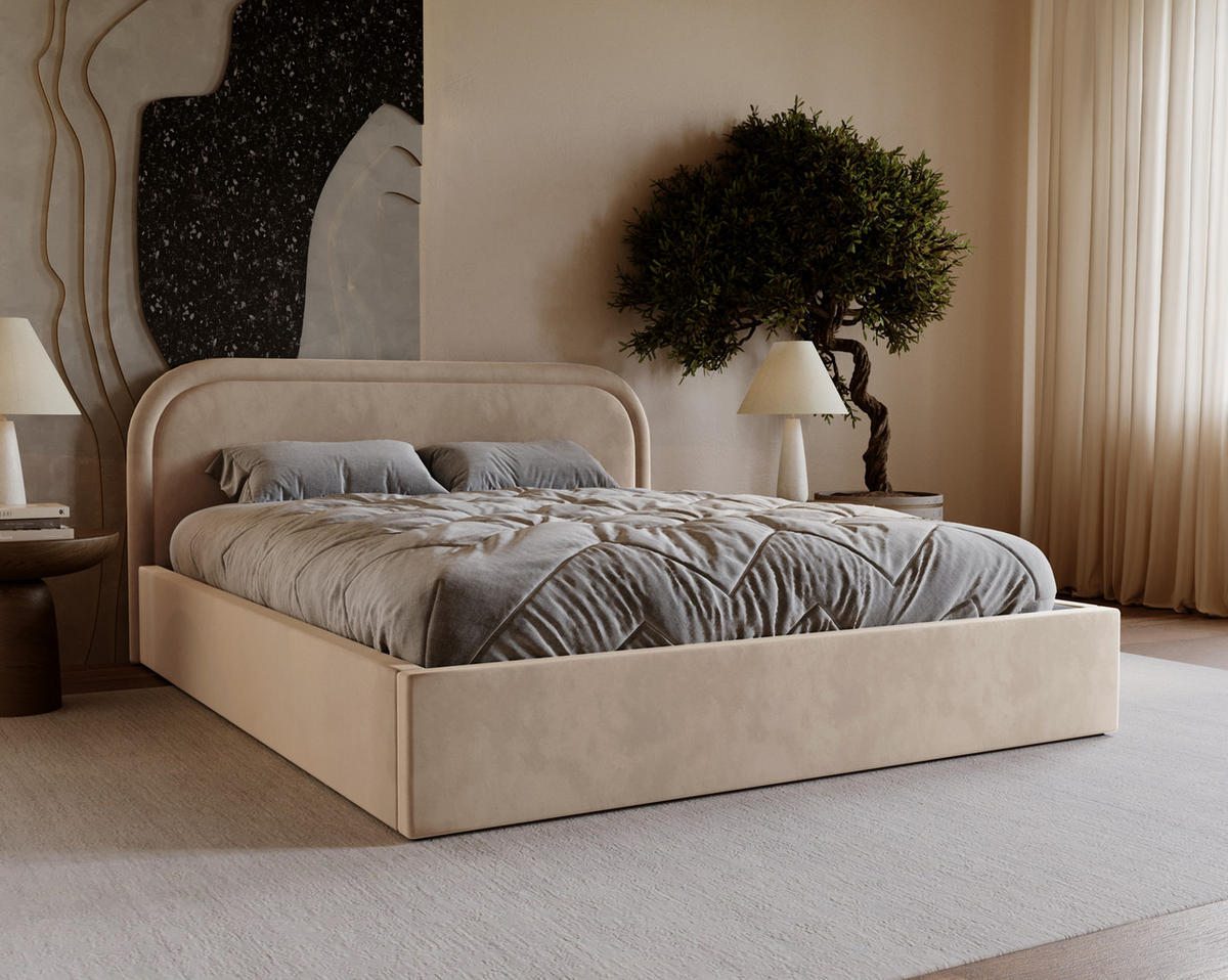 POLSTERBETT 140x200 Dune mit Bettkasten, runde Kopfteil, Samt, Beige - Beige, Holz/Textil (140/200cm) - Emporius
