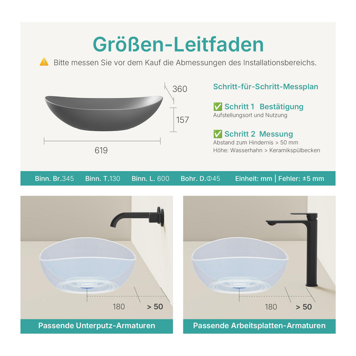 WASCHBECKEN Oval Keramik Mattgrau 61.5 /36/15.5 cm - Grau, Keramik (36/15.5/61.5cm) - EMKE