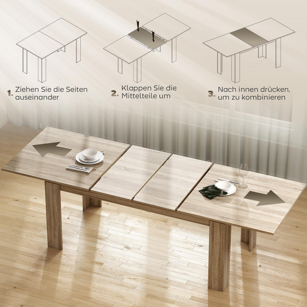 ESSTISCH ausziehbar 180-260 x 90 cm Küchentisch für 8-10 Personen, Eiche - Eichefarben, Holzwerkstoff (260/90/76.6cm) - HOMCOM