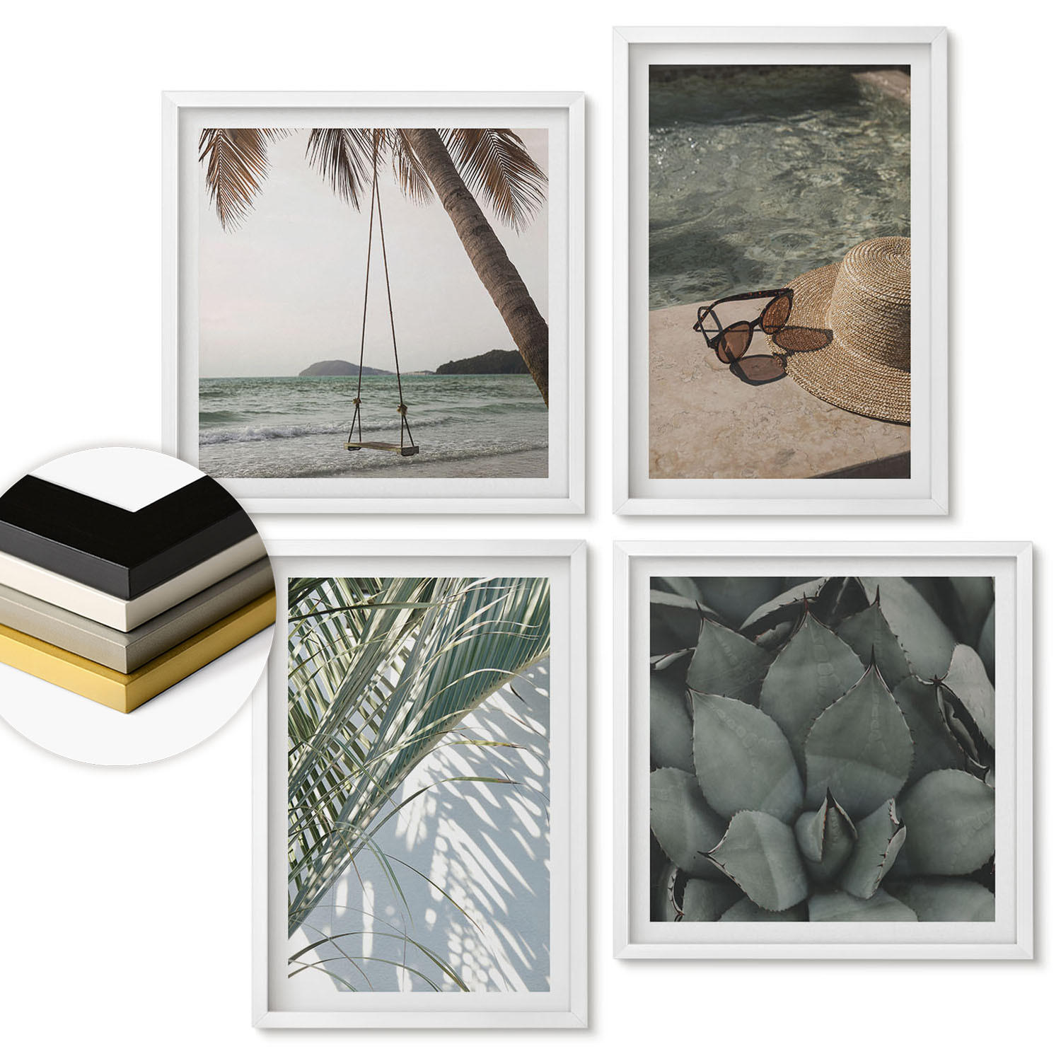 WANDBILDER 4er-Set - 50x50 cm & 40x60 cm Weißer Rahmen - Tropische Pflanzen für den Urlaub - Weiß, Kunststoff (50/50cm) - ArtPrintCave