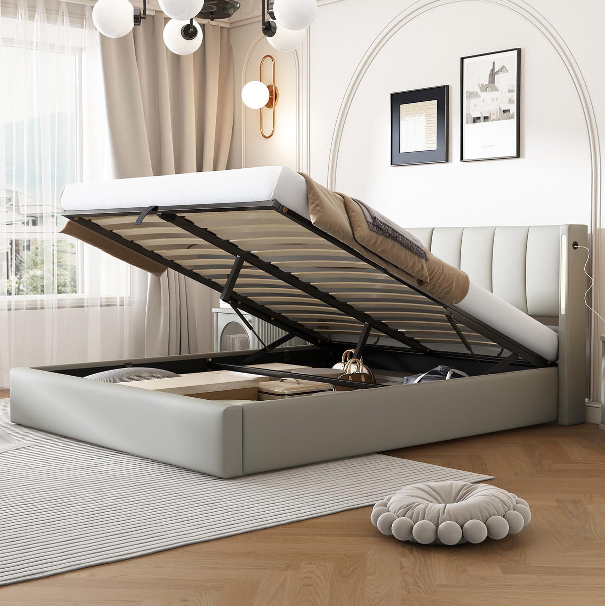 POLSTERBETT 140/190 cm Grau aus PU mit Stauraum, LED und USB - Grau, Kunststoff (140/190cm) - Flora Grace