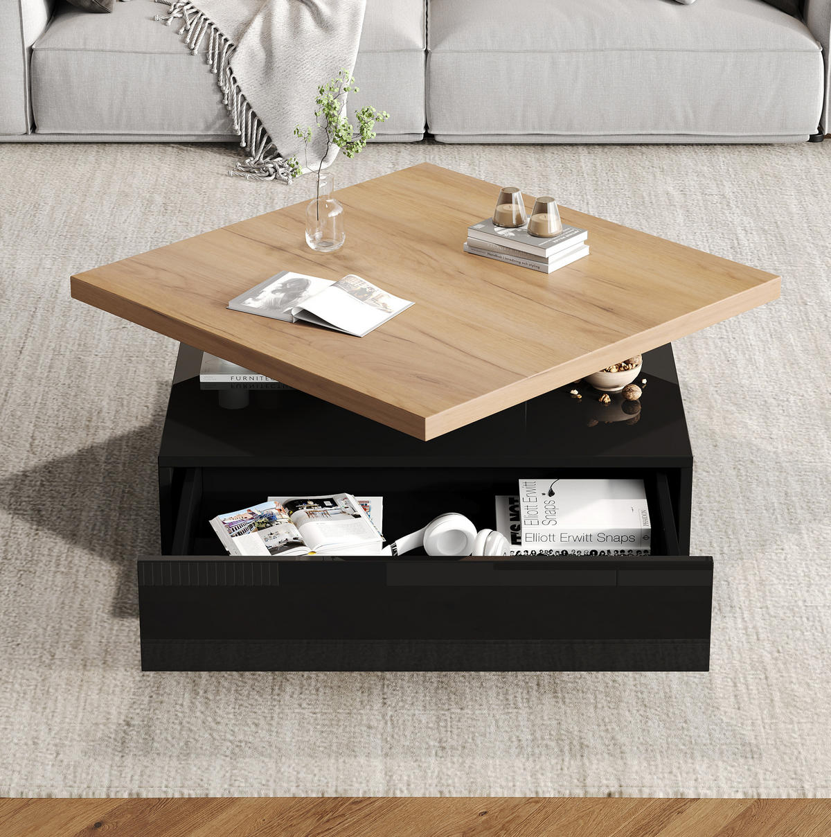 COUCHTISCH aus Spanplatte 70x70x36 cm Schwarz/Walnuss mit 360° drehbarer Tischplatte und Schublade - Schwarz, Holzwerkstoff (70/70/36cm) - IVMEU