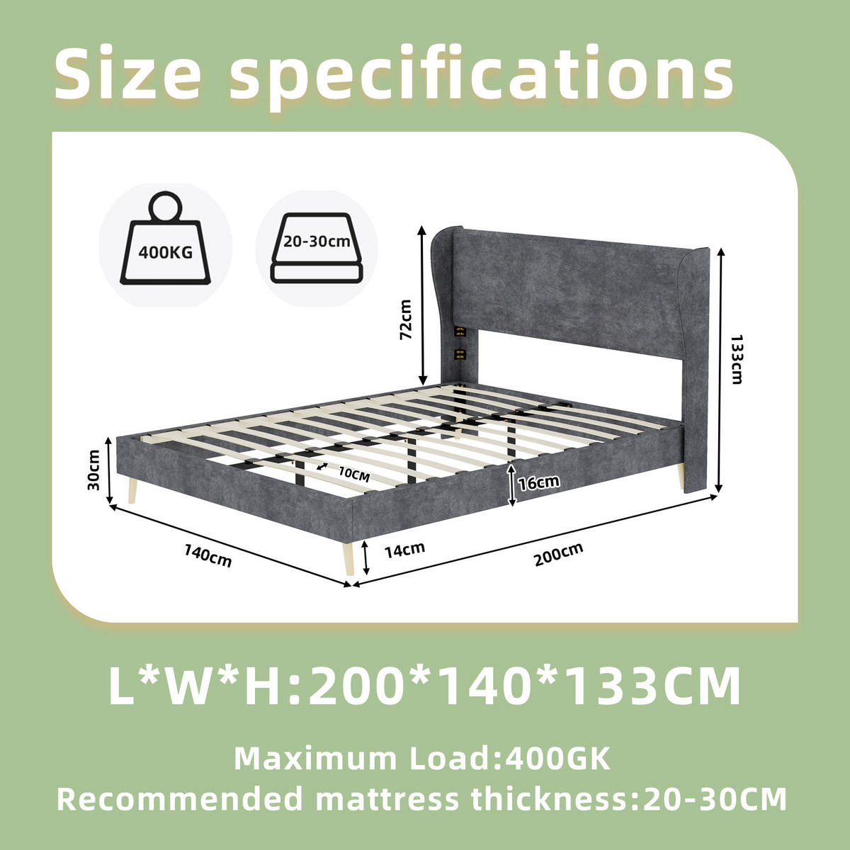 POLSTERBETT 140/200 cm DE-32997 mit Kopfteil und Matratze Grau - Grau, Metall (140/200cm) - ComfortXL
