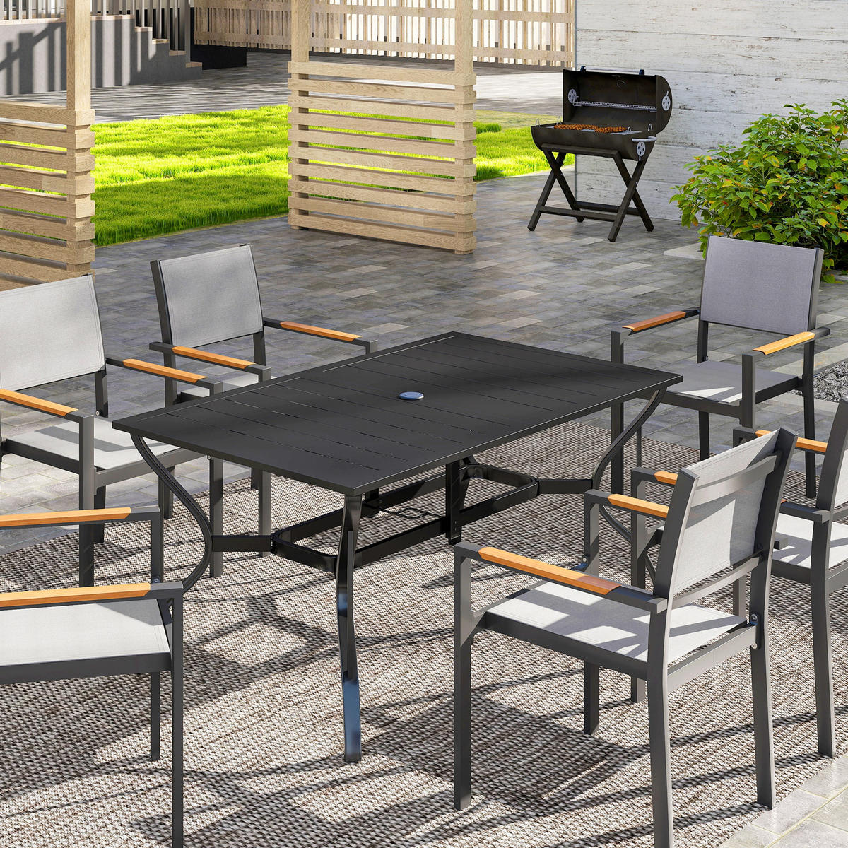GARTENTISCH DE-07368 mit Schirmloch und Lamellen-Design für 6 Personen Schwarz - Schwarz, Metall (150/90/73cm) - ComfortXL