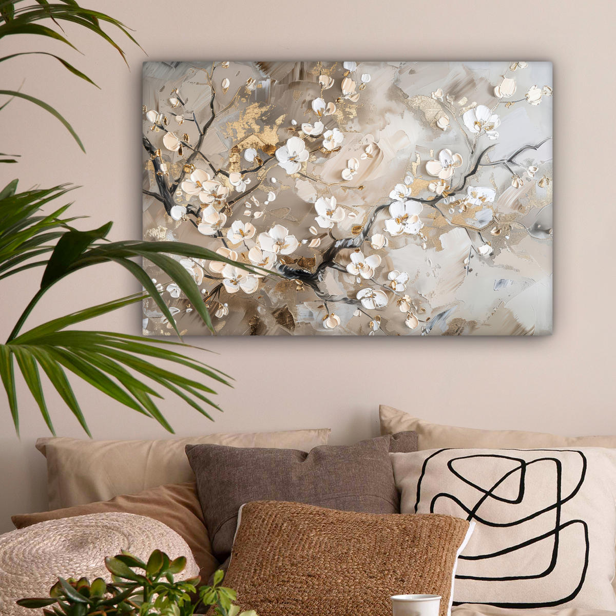 OBRAZ NA PLÁTNE Kvety - biela - zlatá - béžová - luxusná 60x40 cm - sivobéžová, textil (60/40cm) - MuchoWow